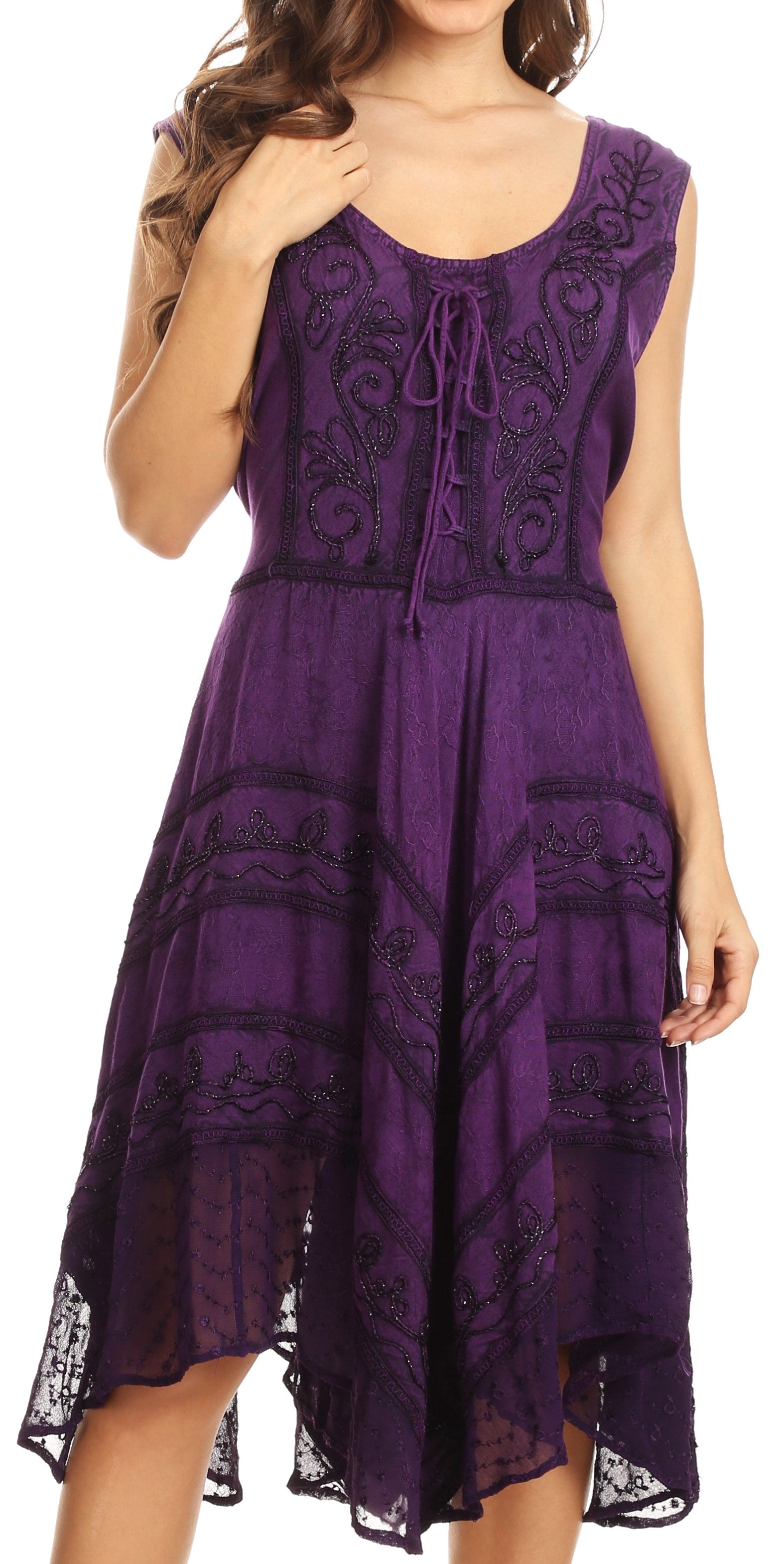 Woman wearing a purple lace dress on a white background
