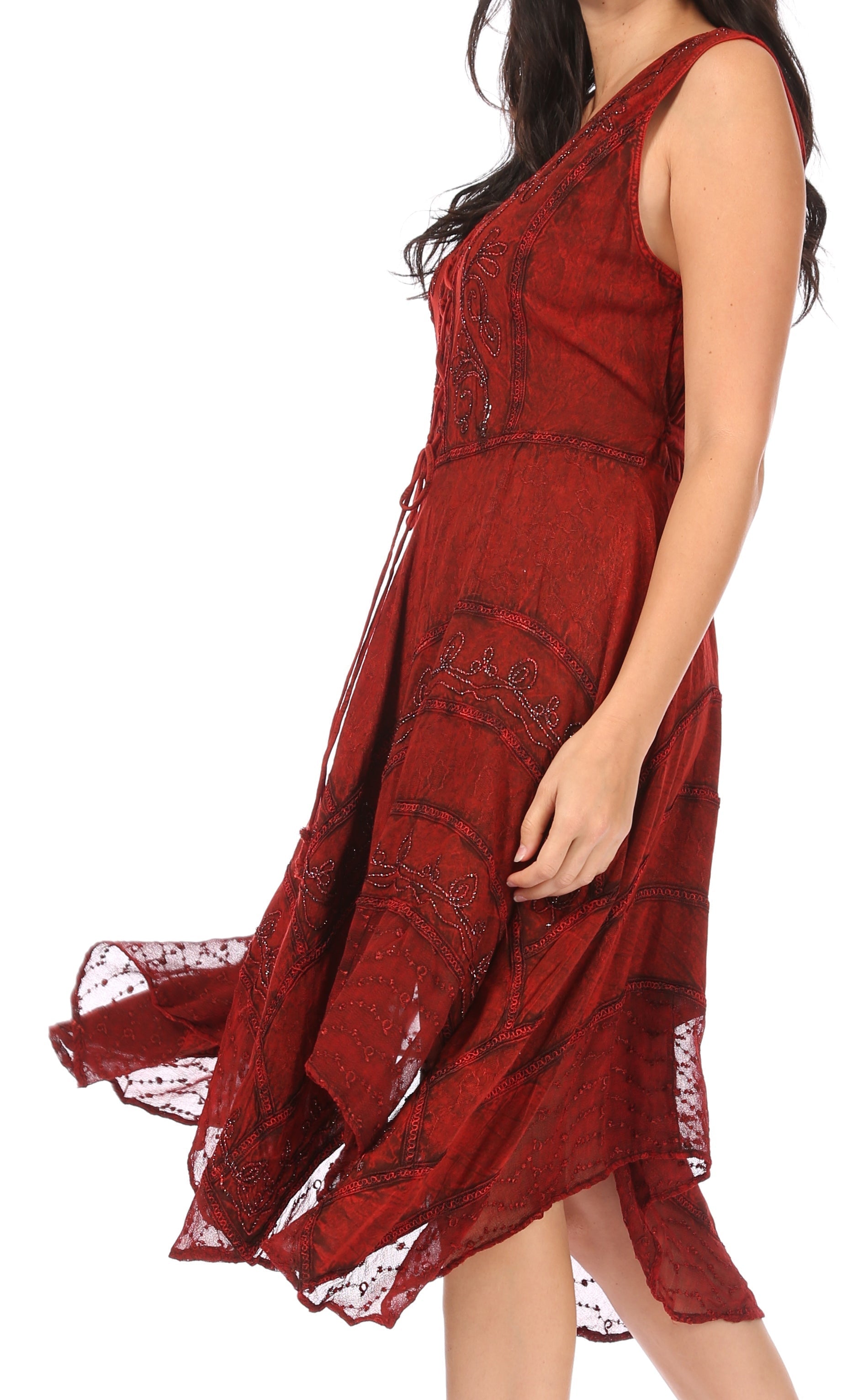 Red lace dress worn by a model on a white background