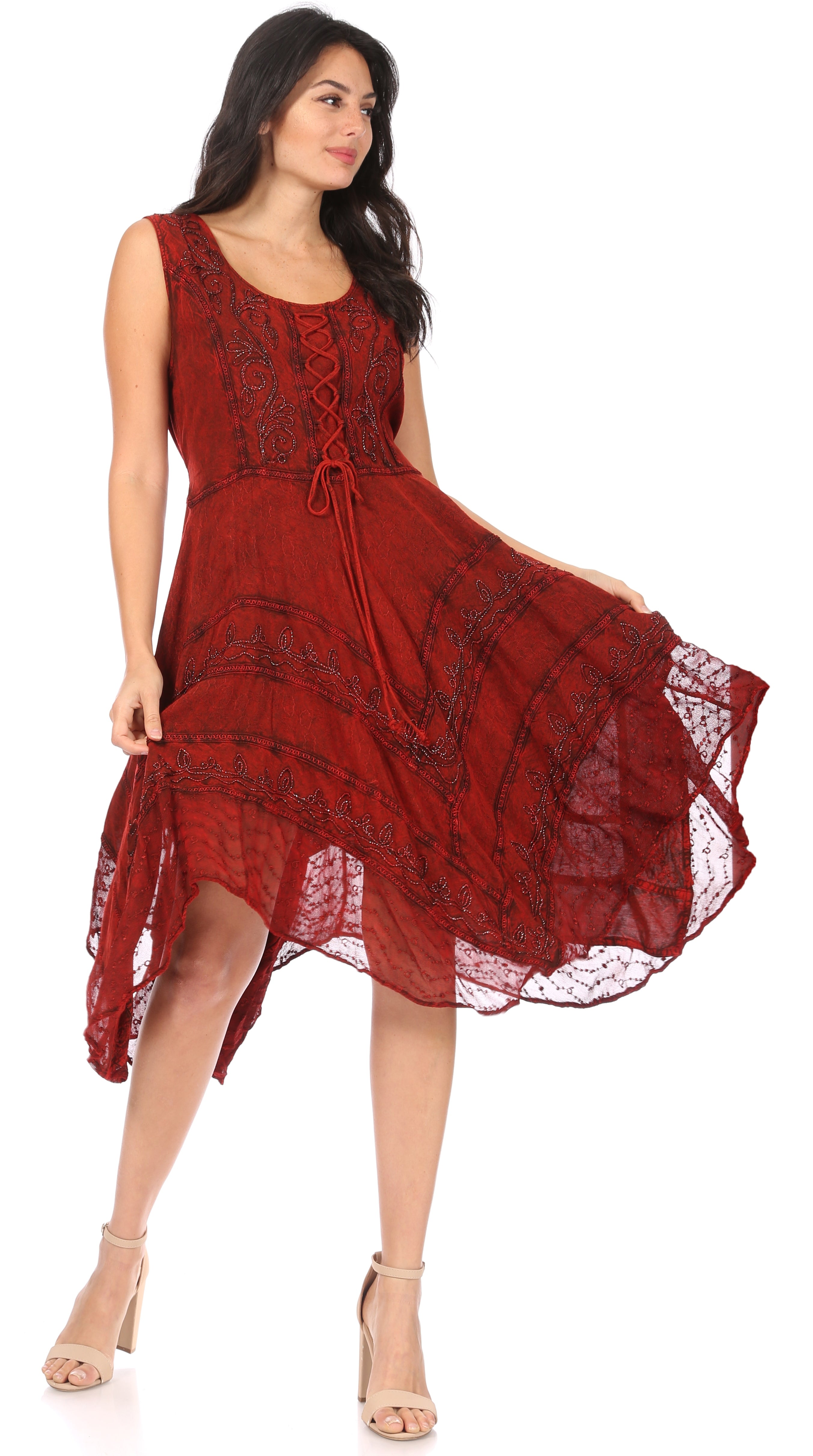 Woman wearing a red lace dress on a white background
