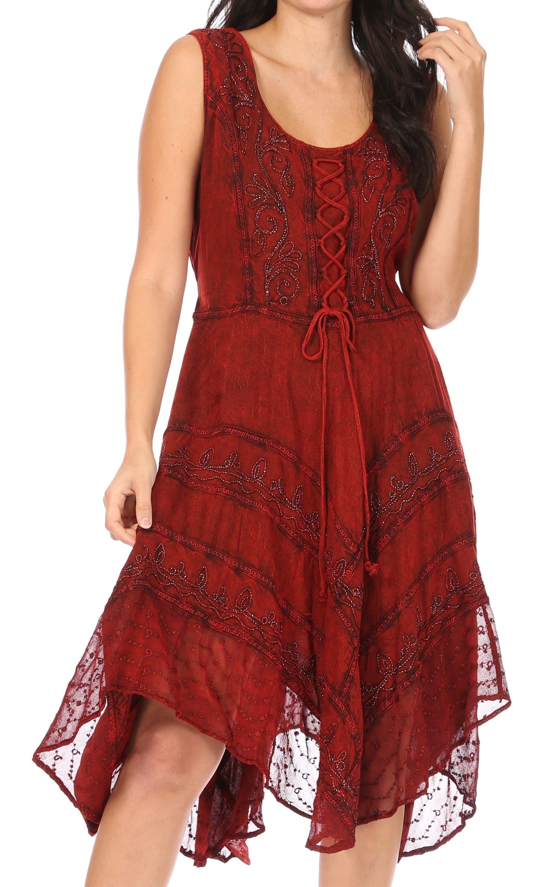 Red lace dress worn by a model on a white background