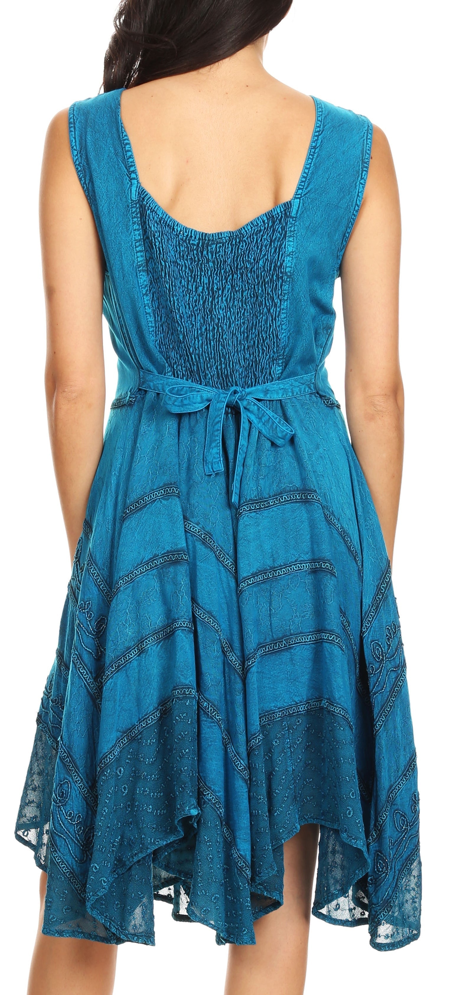 Blue dress with a tie waist on a white background
