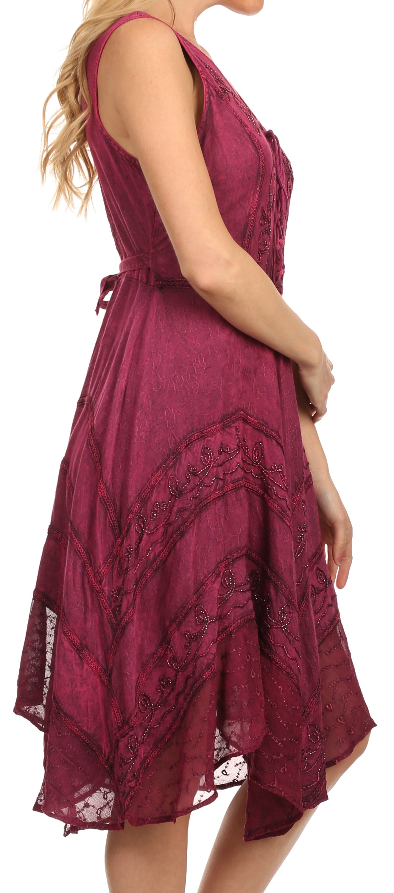 Maroon lace dress worn by a model on a white background