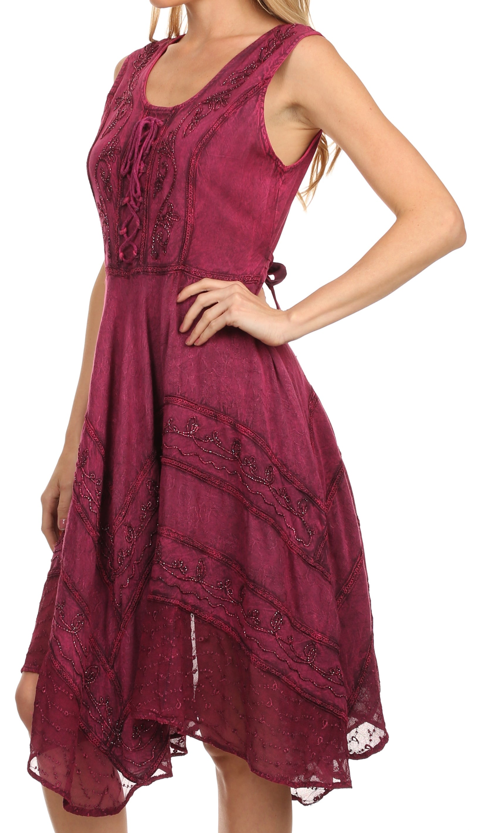 Maroon lace dress worn by a model on a white background