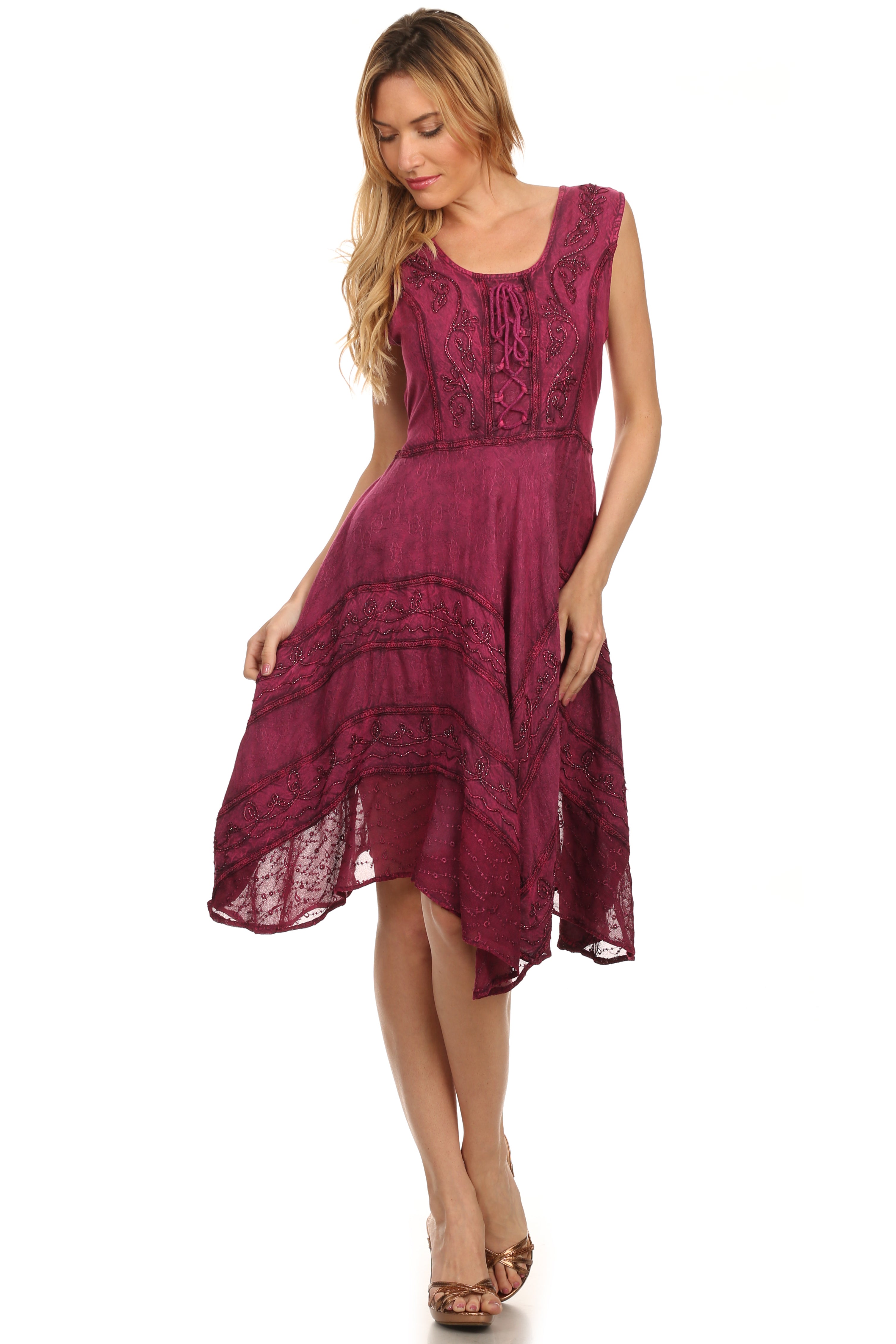 Woman wearing a burgundy dress on a white background