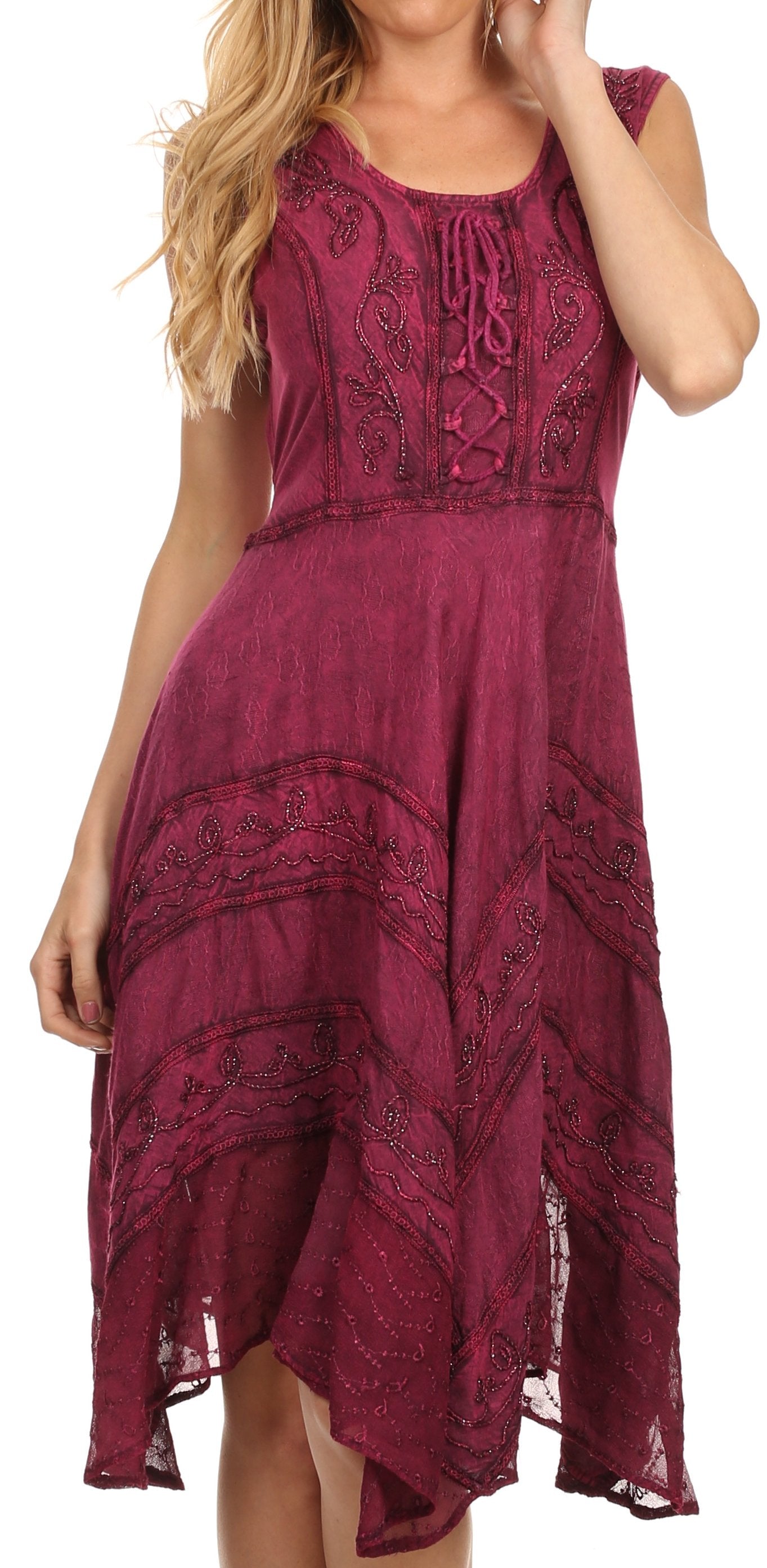 Red lace dress worn by a model on a white background