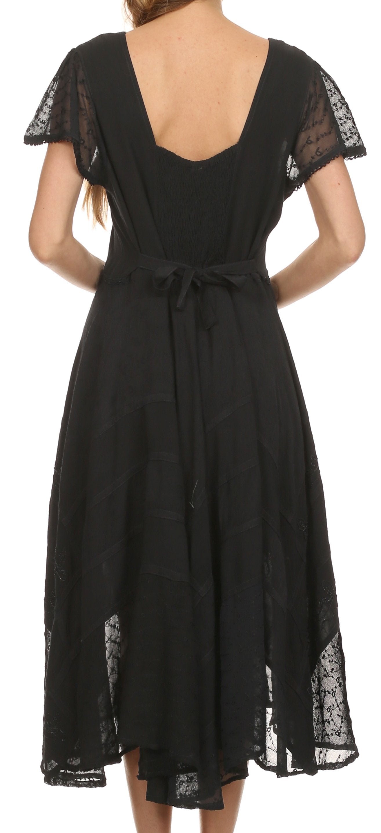 Black dress with lace details on a white background