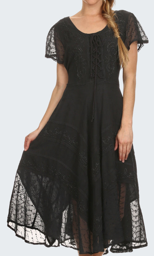 Black lace dress worn by a model on a white background