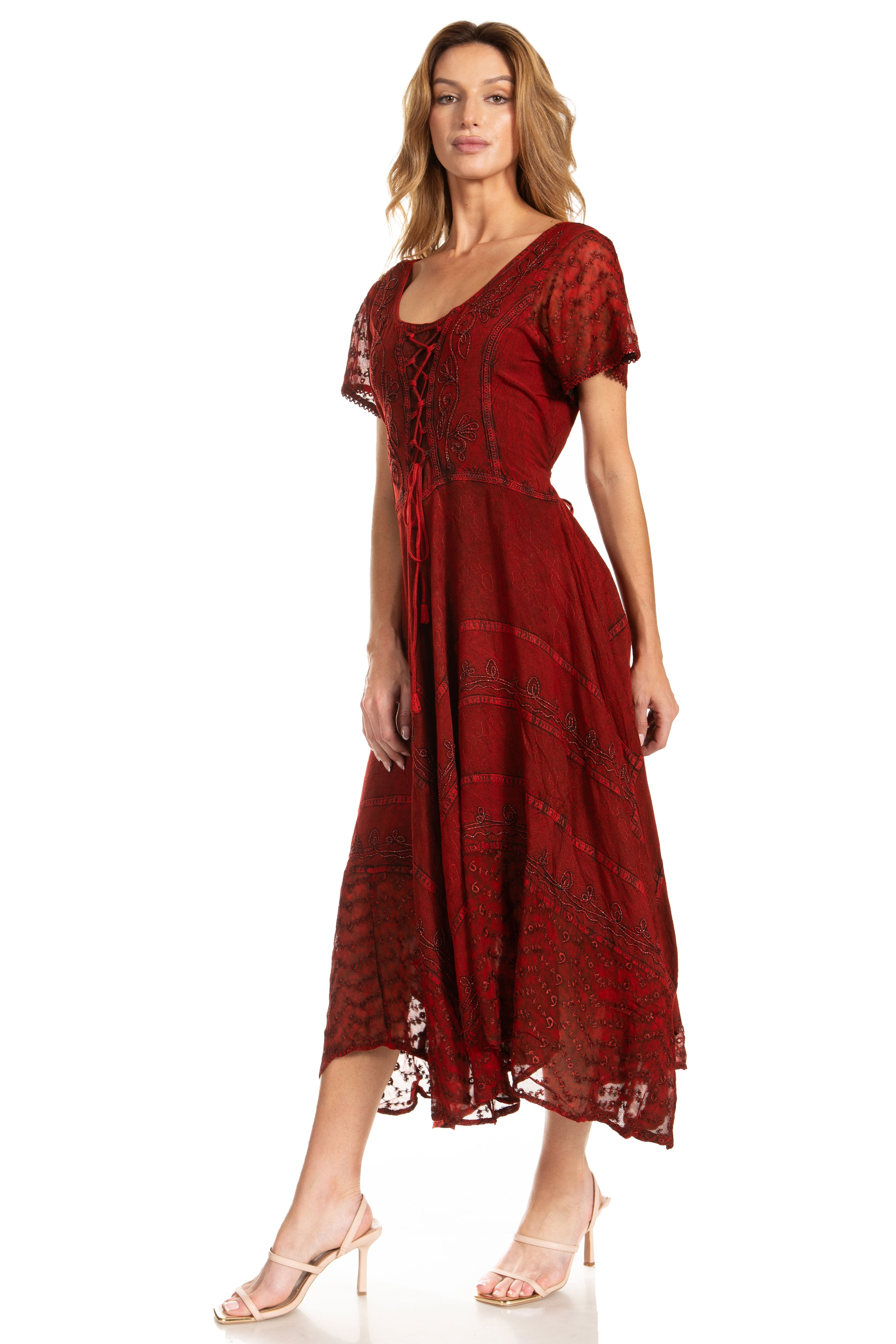 Woman wearing a red lace dress on a white background