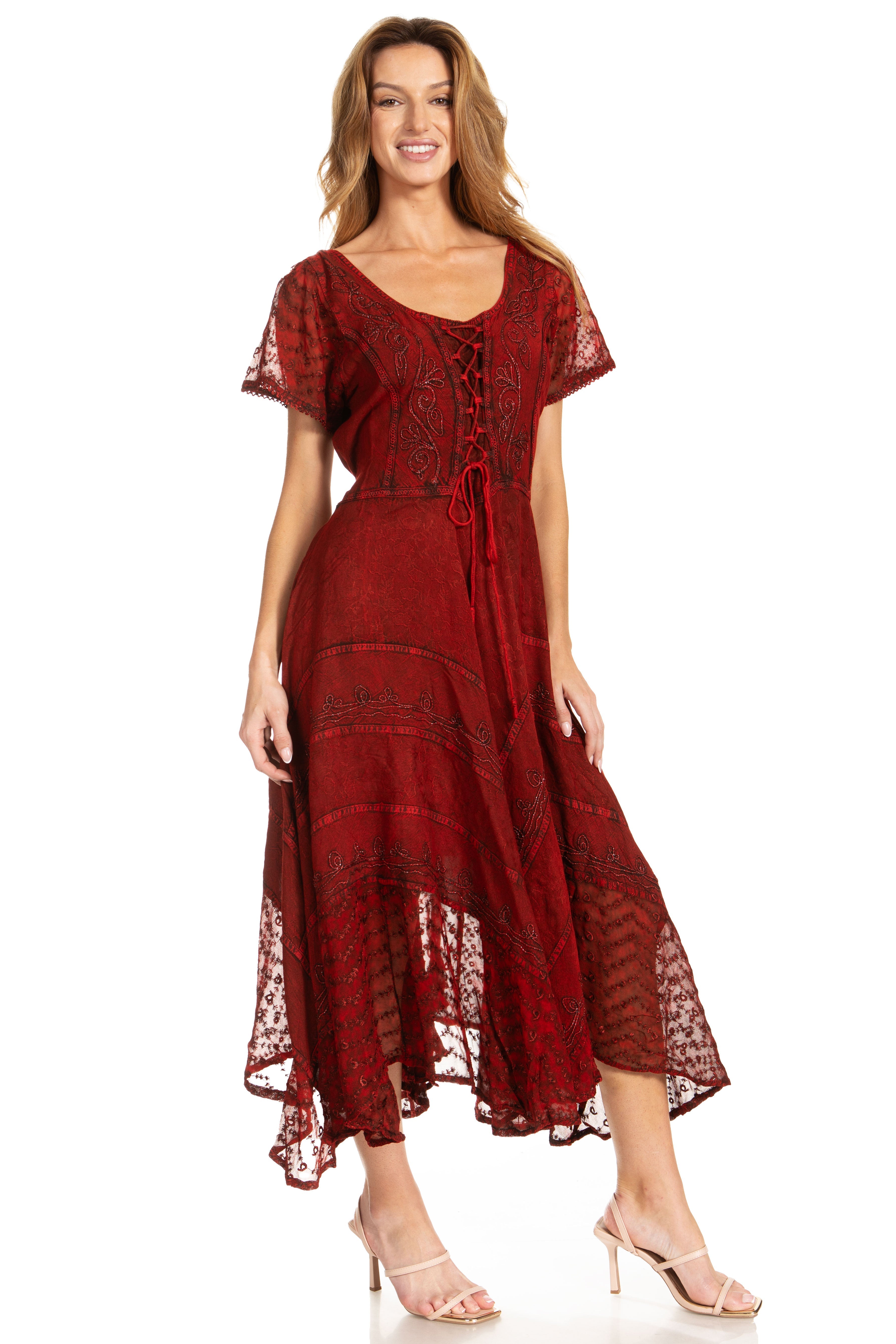 Woman wearing a red lace dress on a white background
