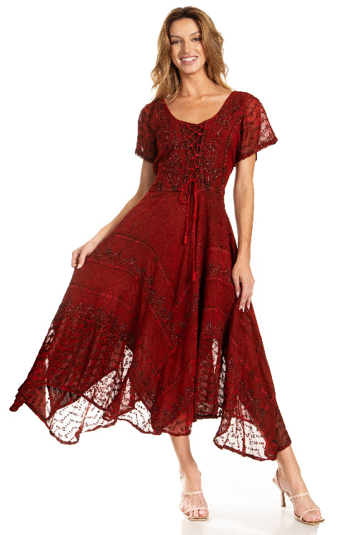Woman wearing a red lace dress on a white background