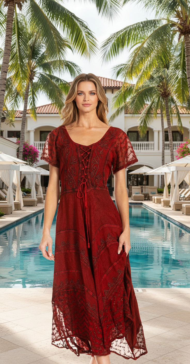 Red lace dress worn by a model on a white background