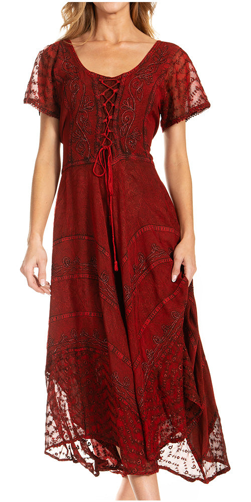 Red lace dress worn by a model on a white background