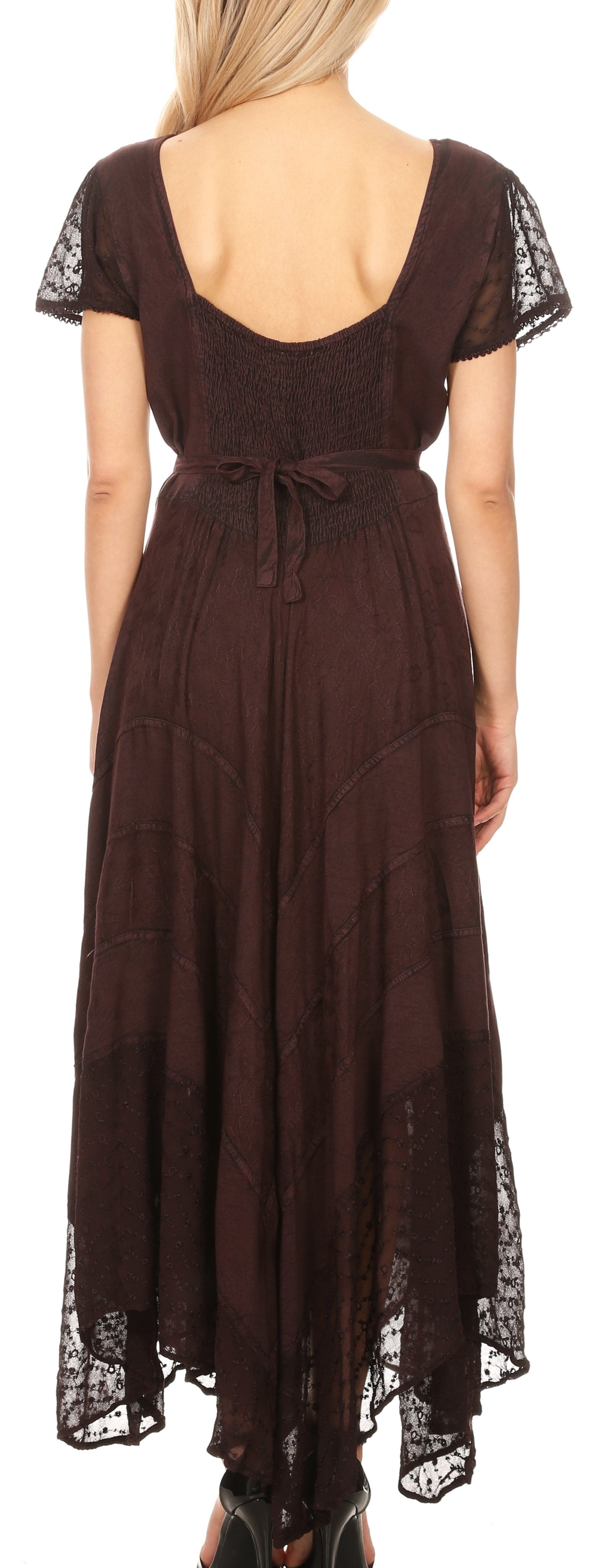 Brown dress with lace details on sleeves and hem, shown from the back.