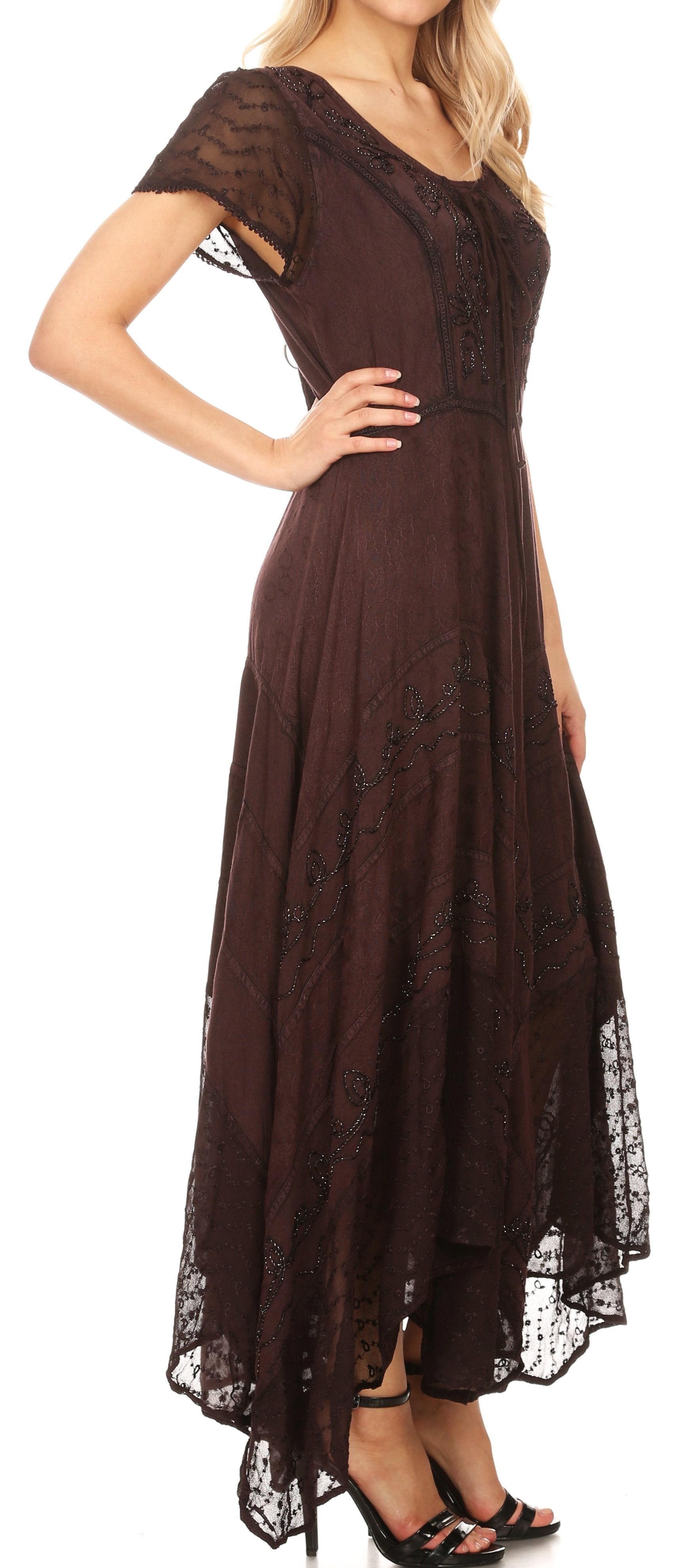 Brown lace dress worn by a model on a white background