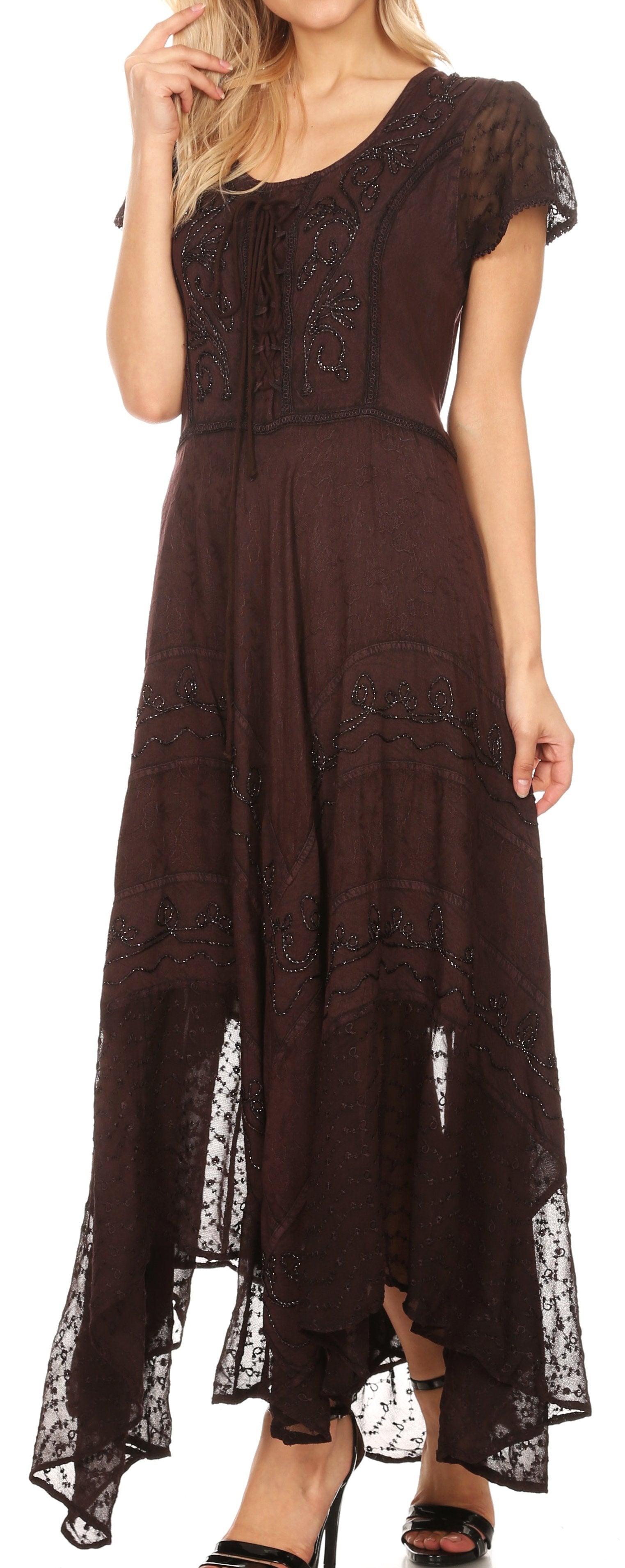 Woman wearing a brown lace dress on a white background