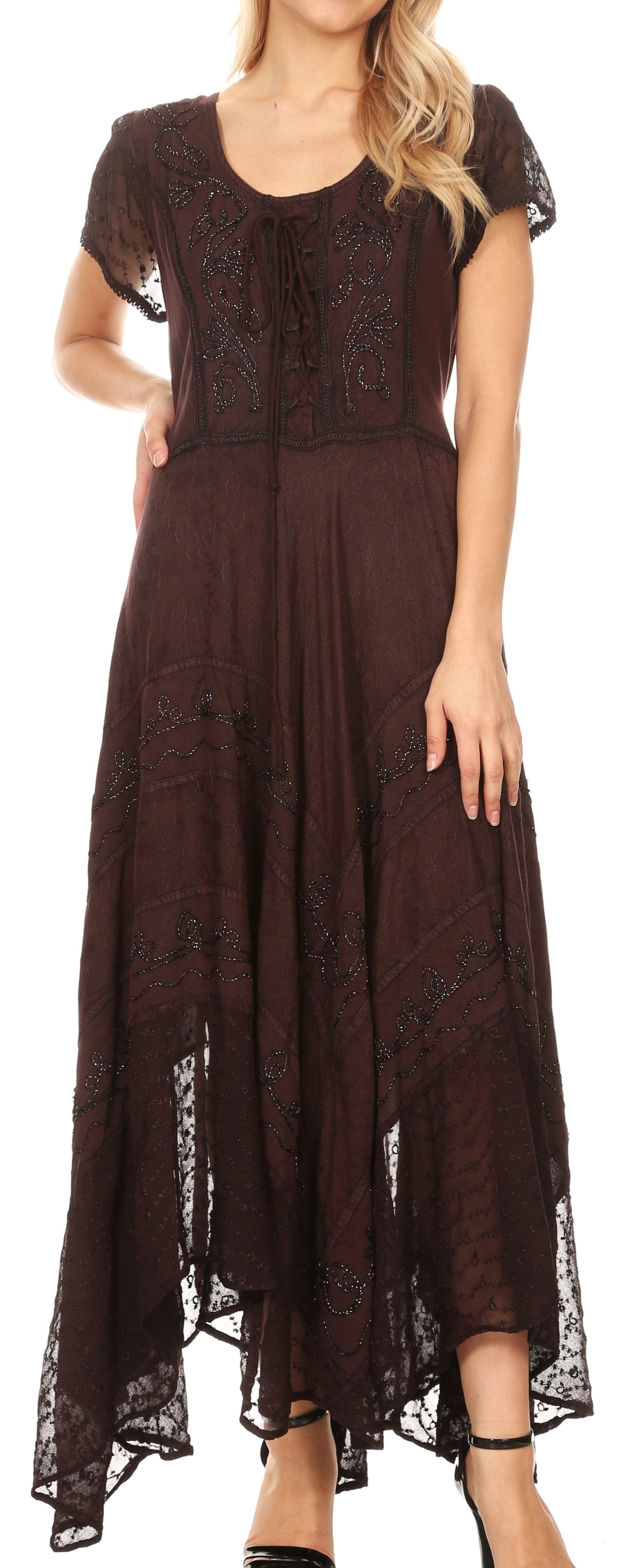 Long brown dress with lace details on a model