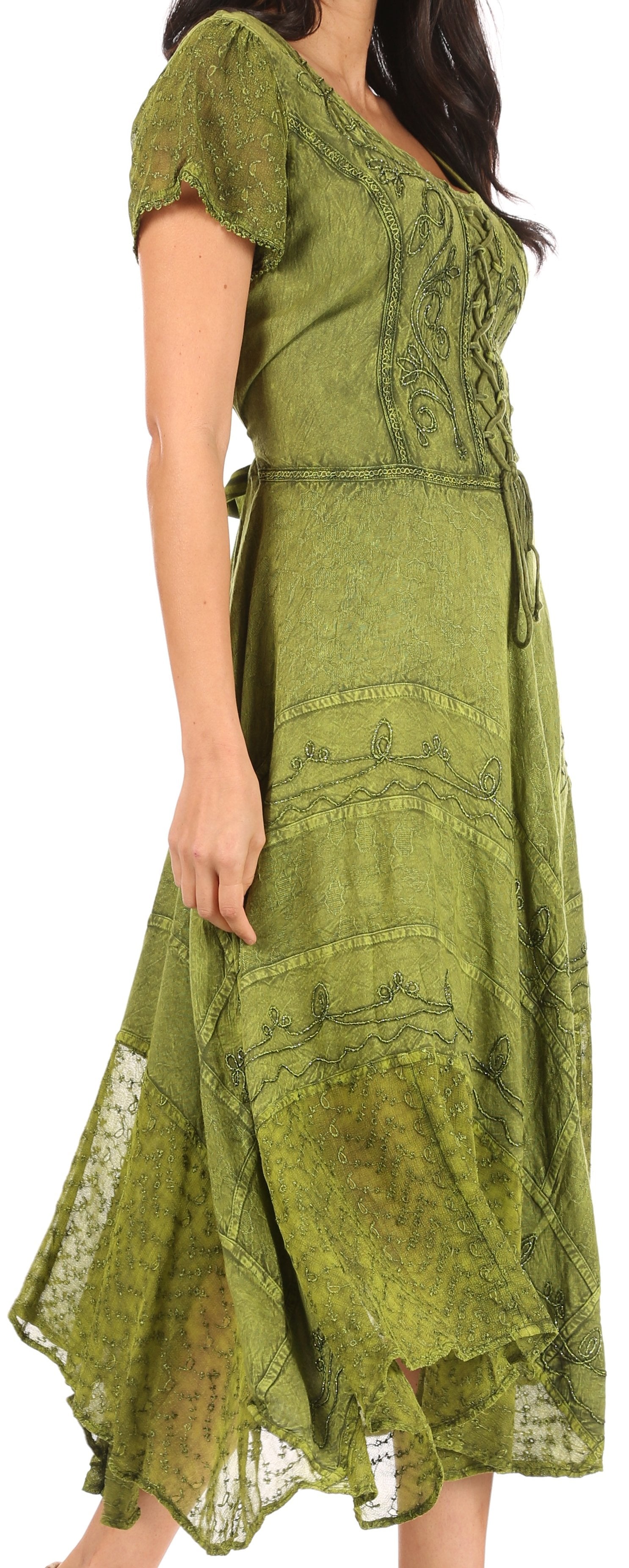 Green dress with intricate patterns on a plain background