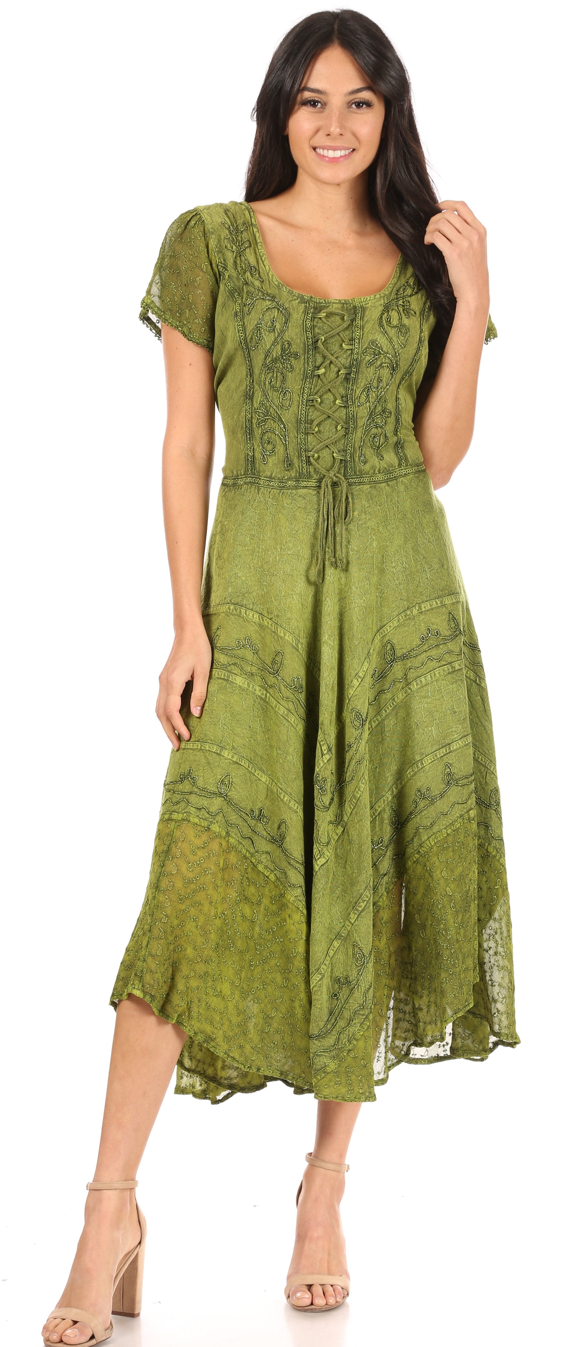 Woman wearing a green lace dress on a white background