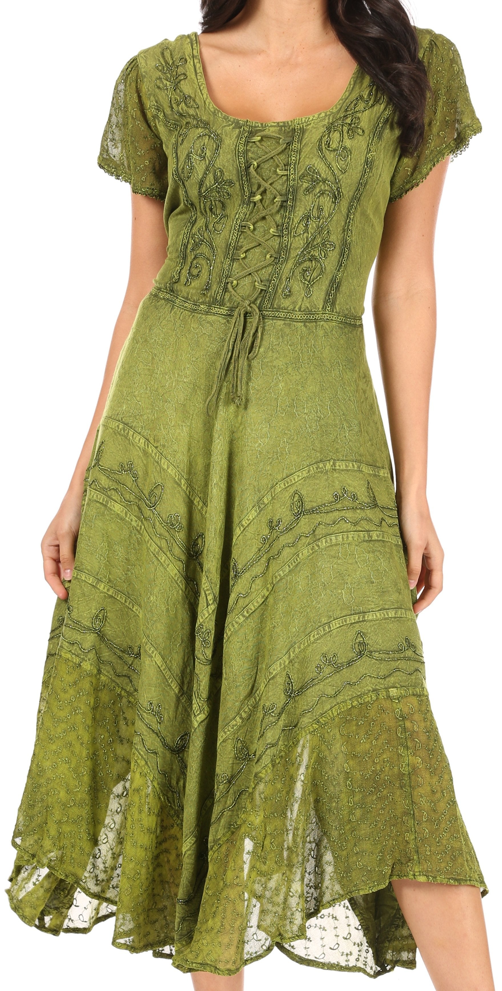 Green dress with lace details on a white background