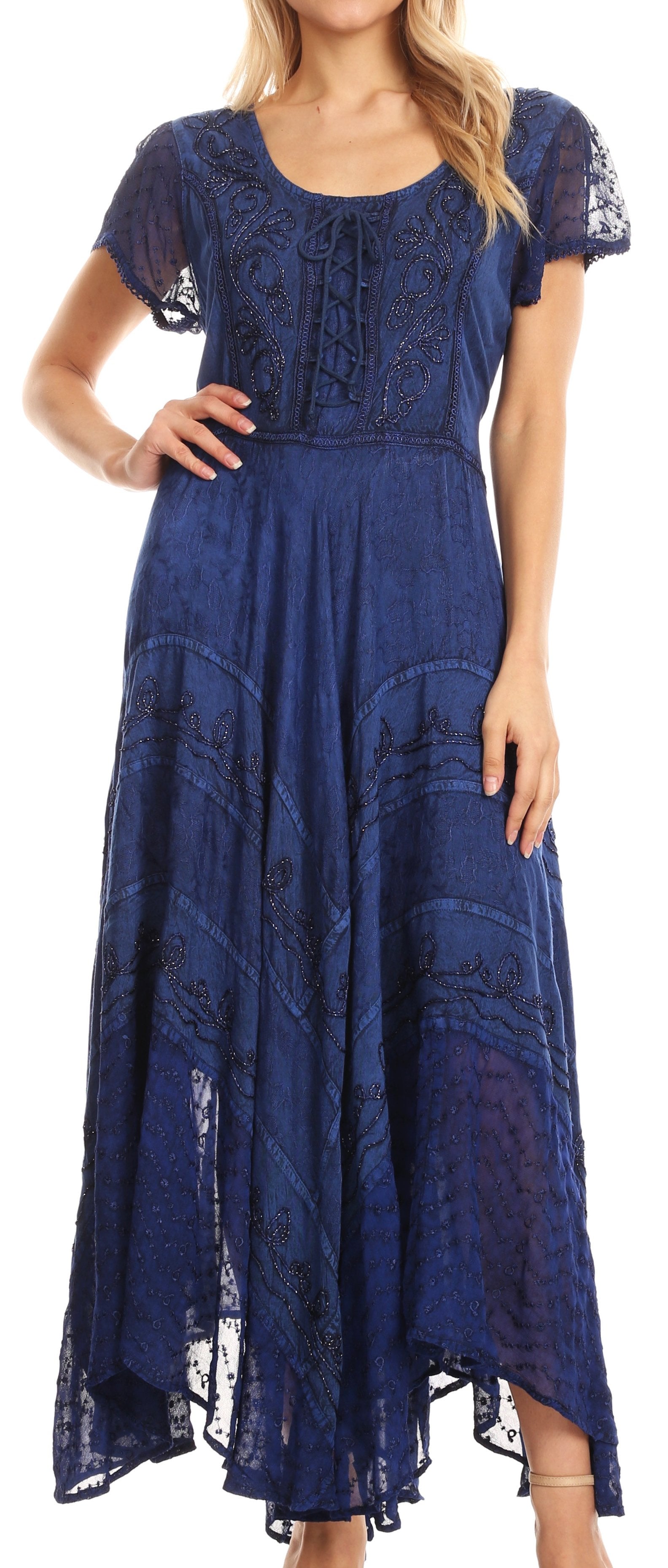 Woman wearing a blue lace dress on a white background