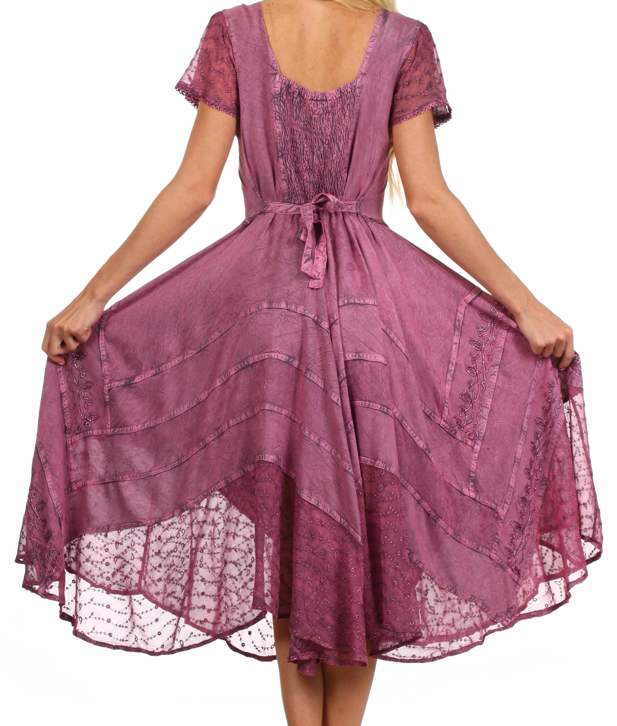Purple lace dress with a fitted bodice and flowing skirt on a white background