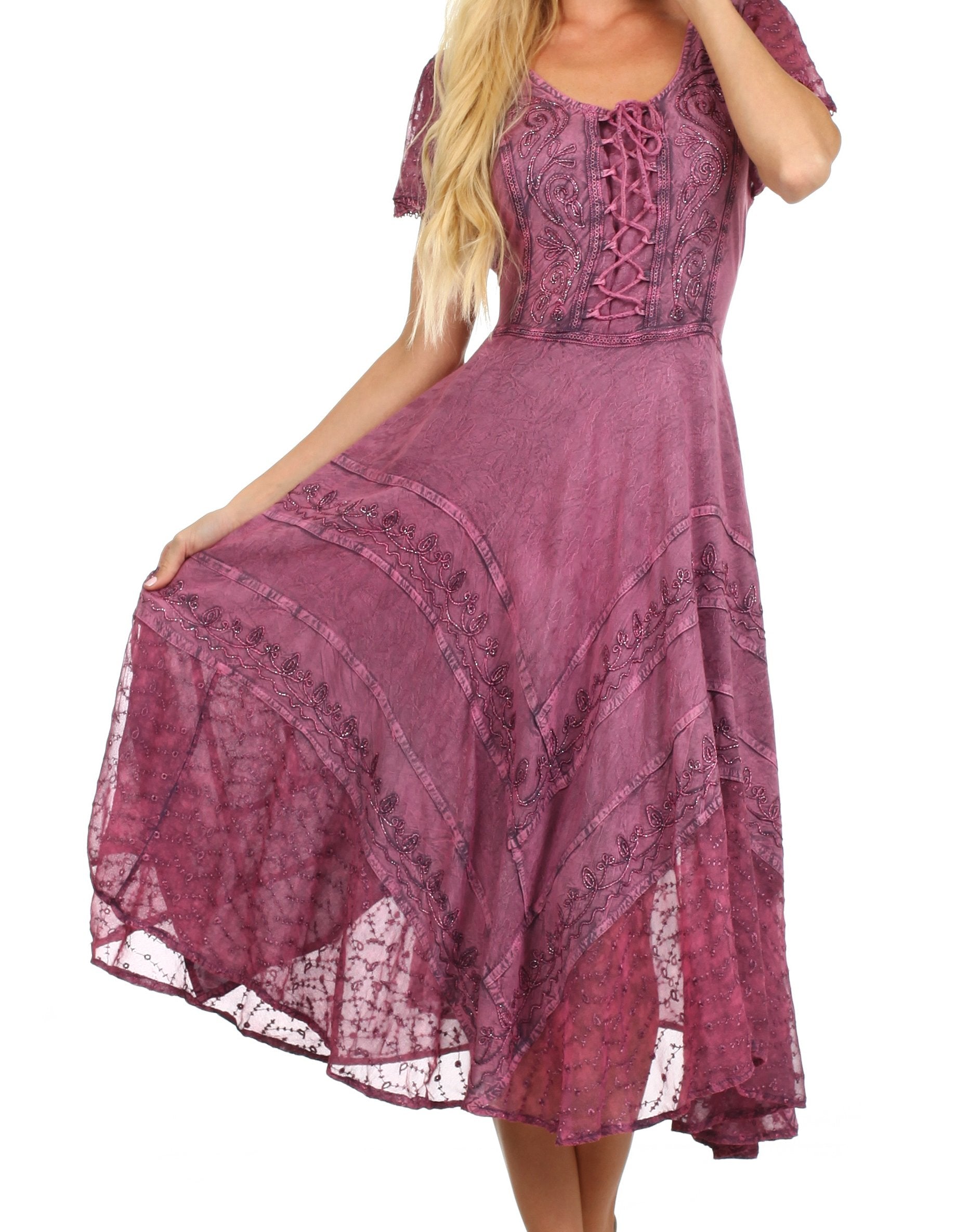 Purple lace dress worn by a model on a white background