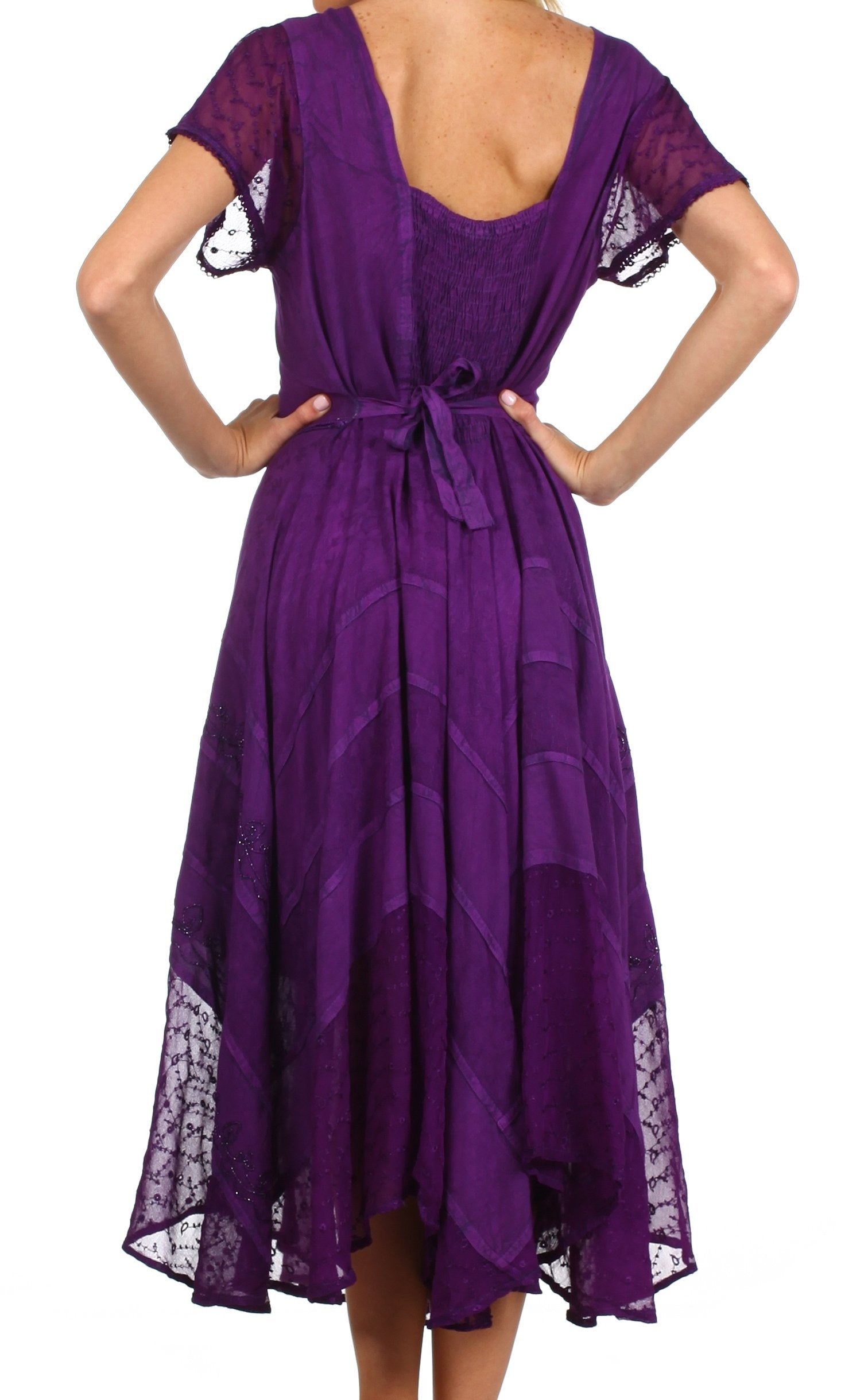 Purple dress with lace details on a white background