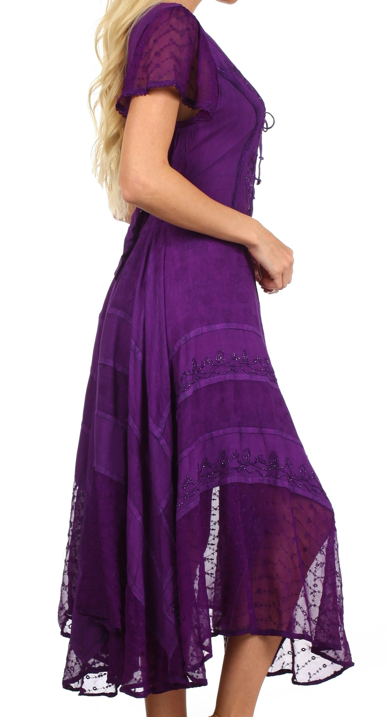 Purple dress with lace details on a white background