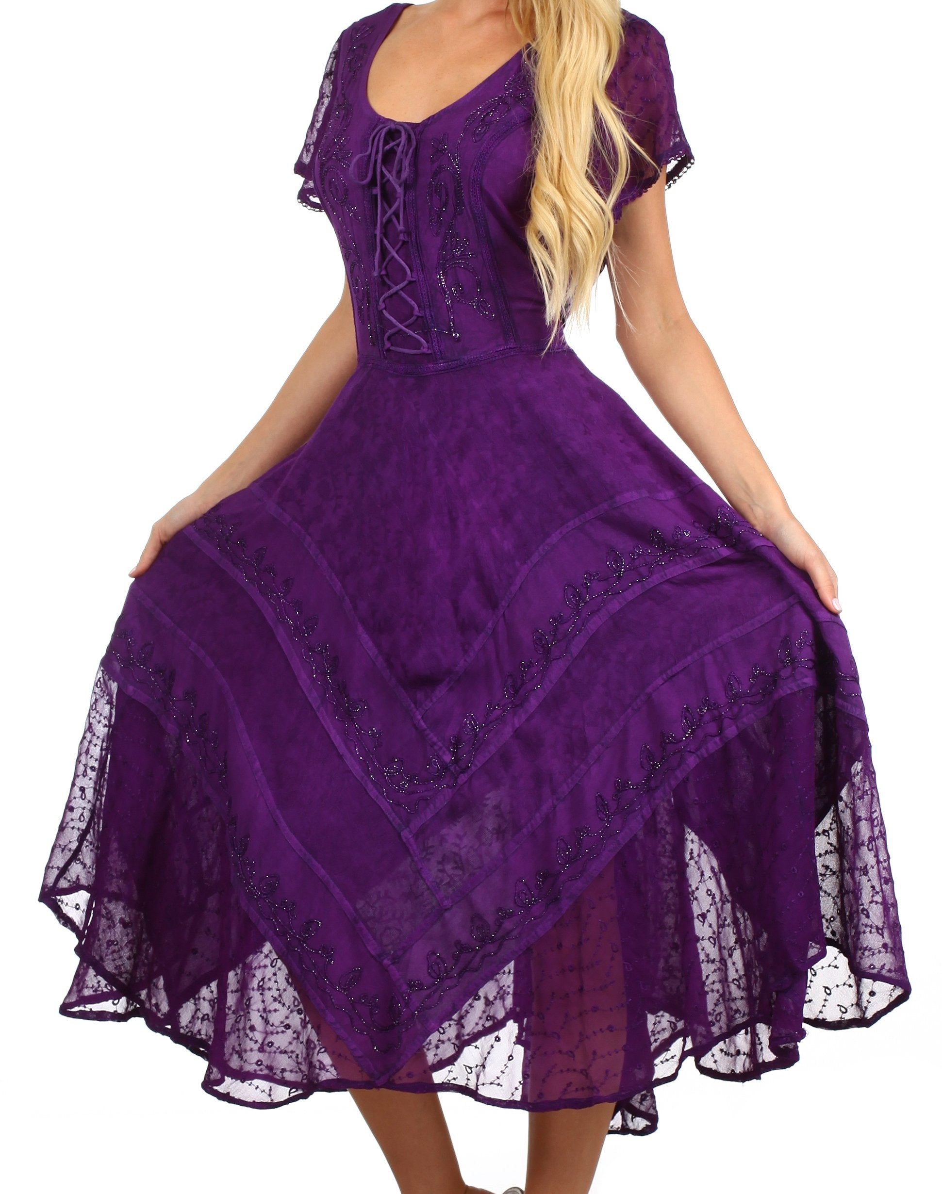 Purple lace dress worn by a model on a white background