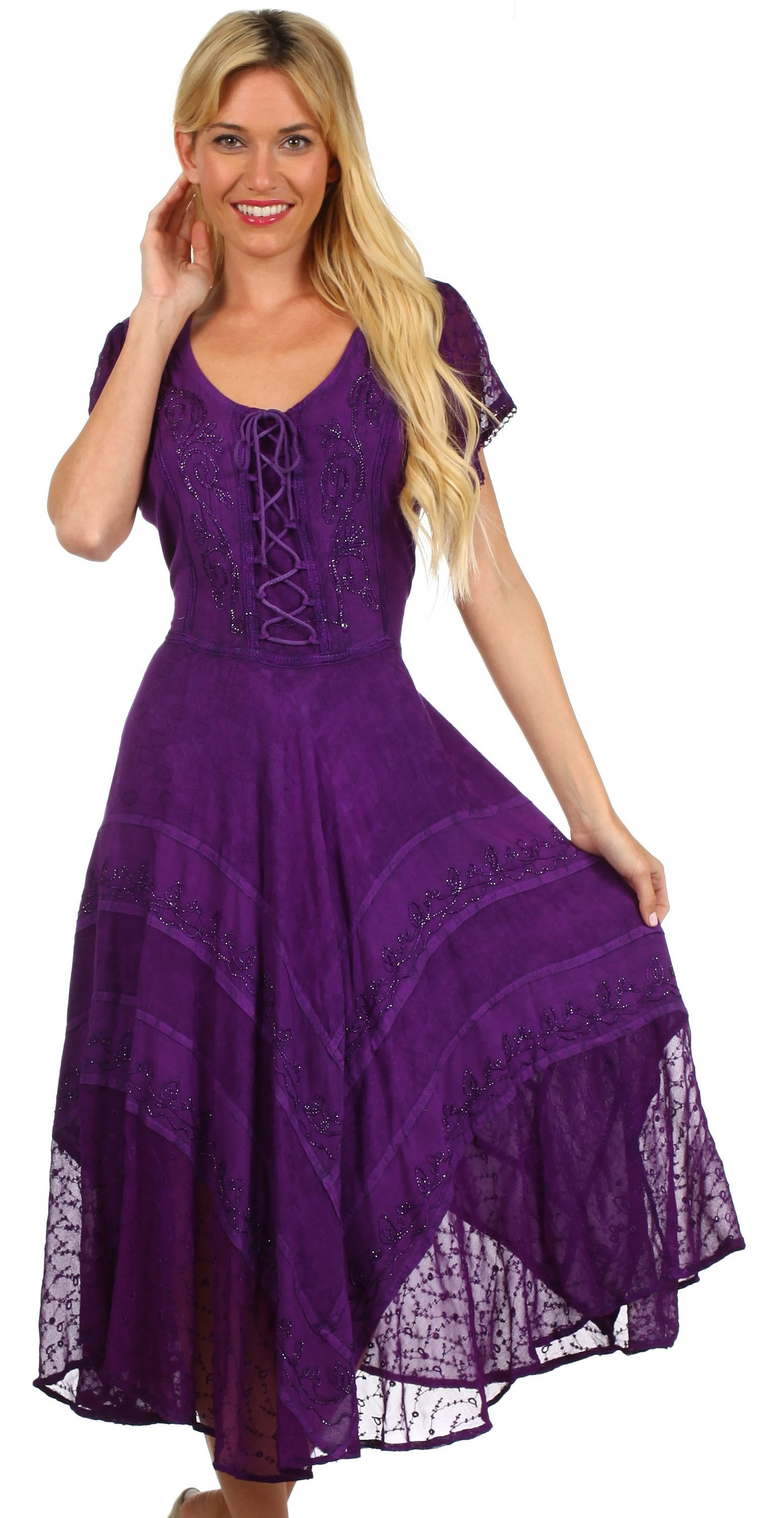 Woman wearing a purple lace dress on a white background
