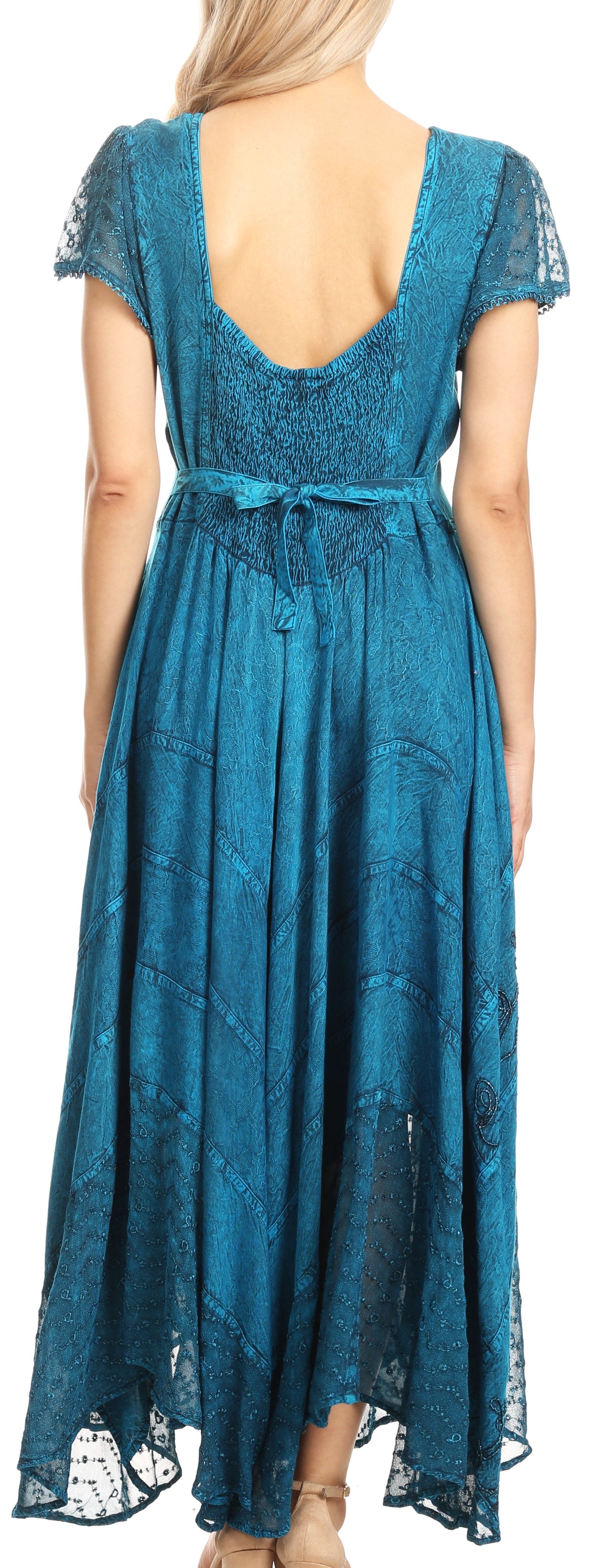 Teal lace dress with a deep neckline and cap sleeves on a white background