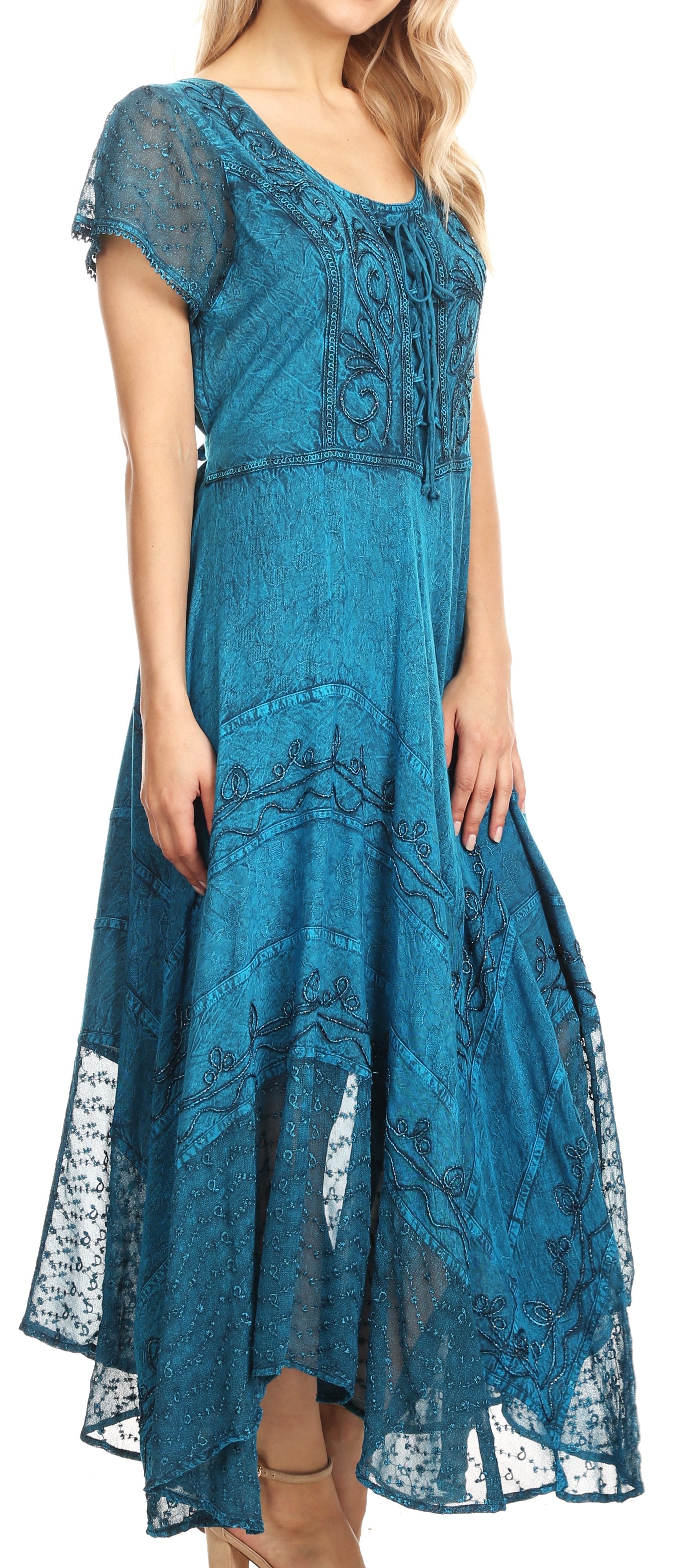 Teal lace dress worn by a model on a white background
