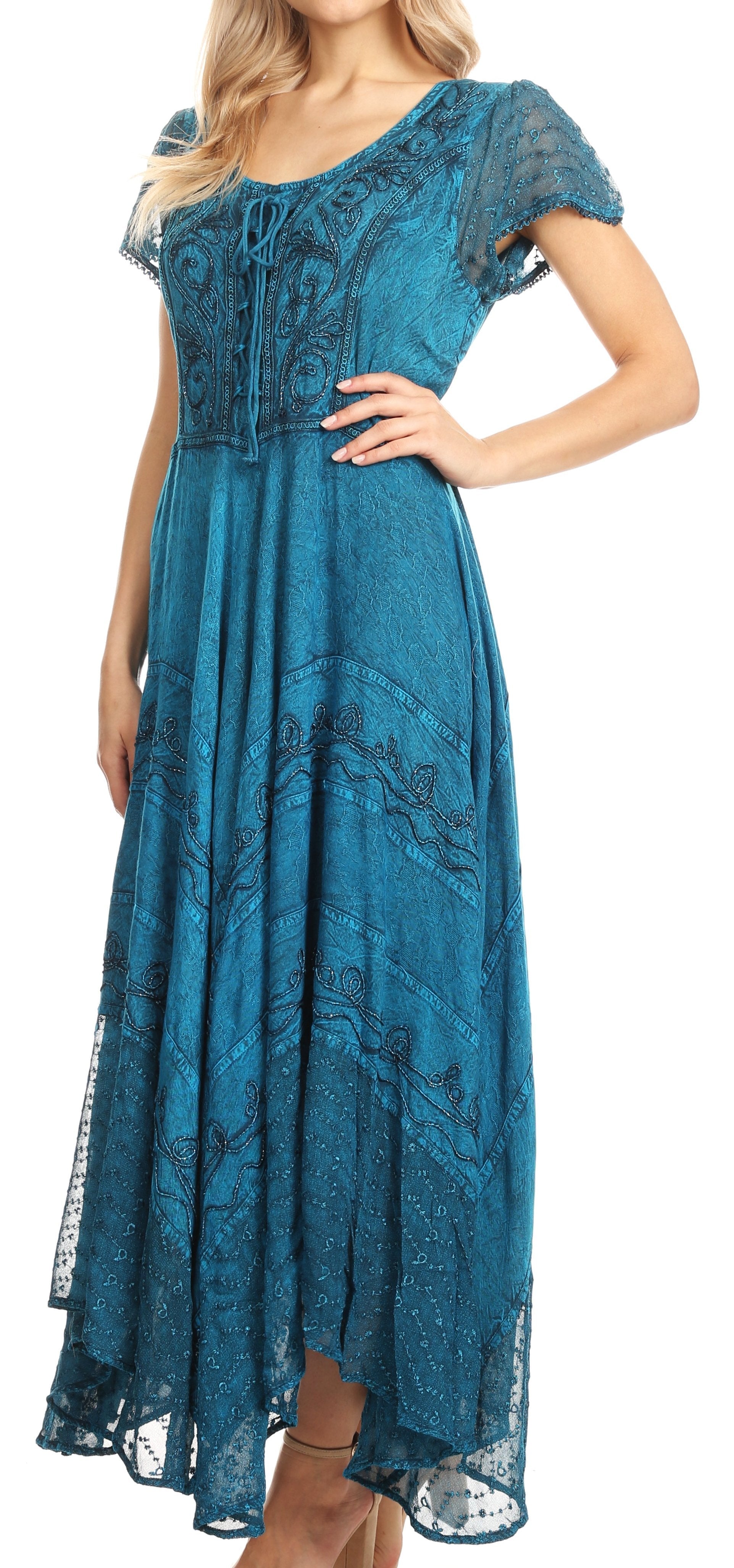 Teal lace dress worn by a model on a white background