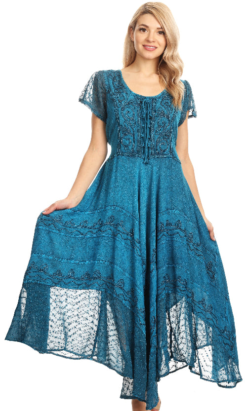Woman wearing a blue lace dress on a white background