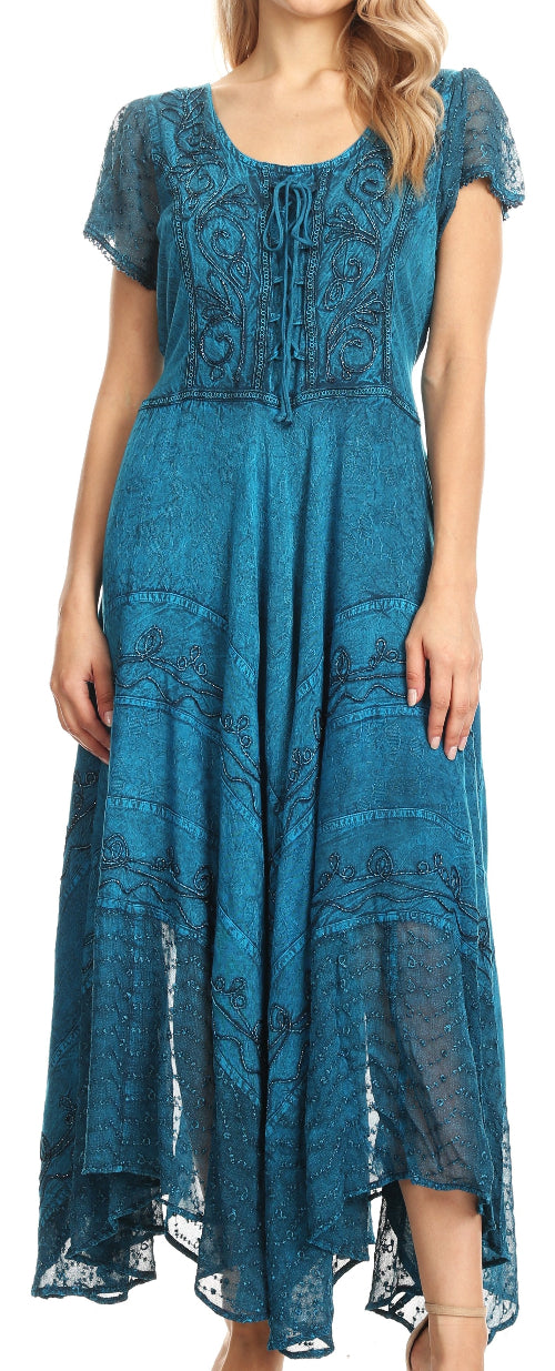 Woman wearing a blue lace dress with a high-low hem.