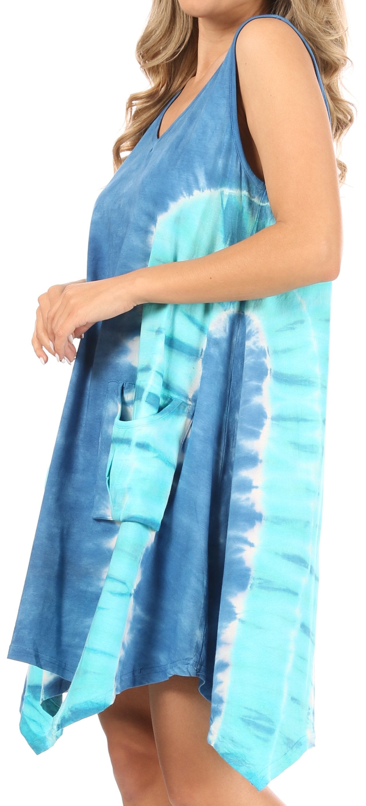 Woman wearing a blue and white tie-dye dress.