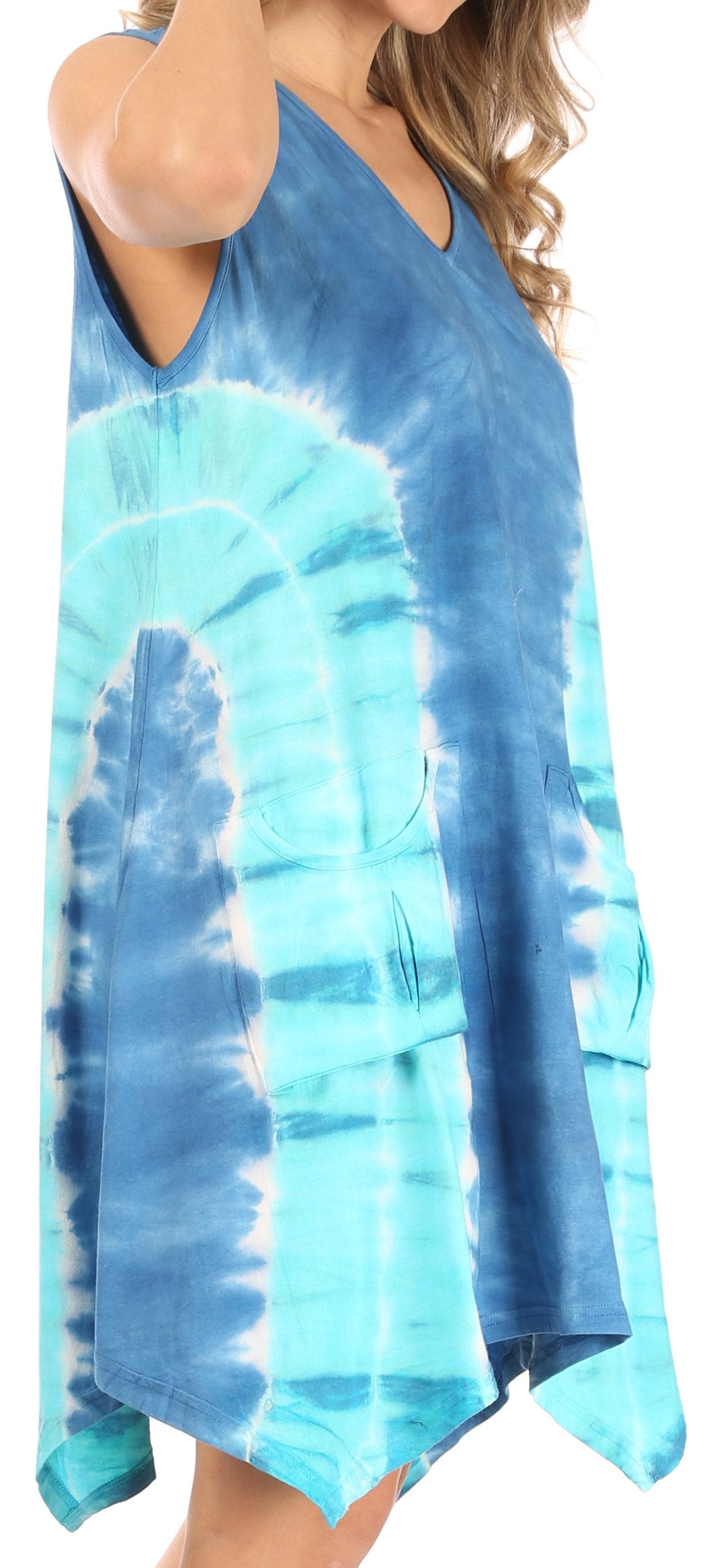 Blue tie-dye dress worn by a model on a white background