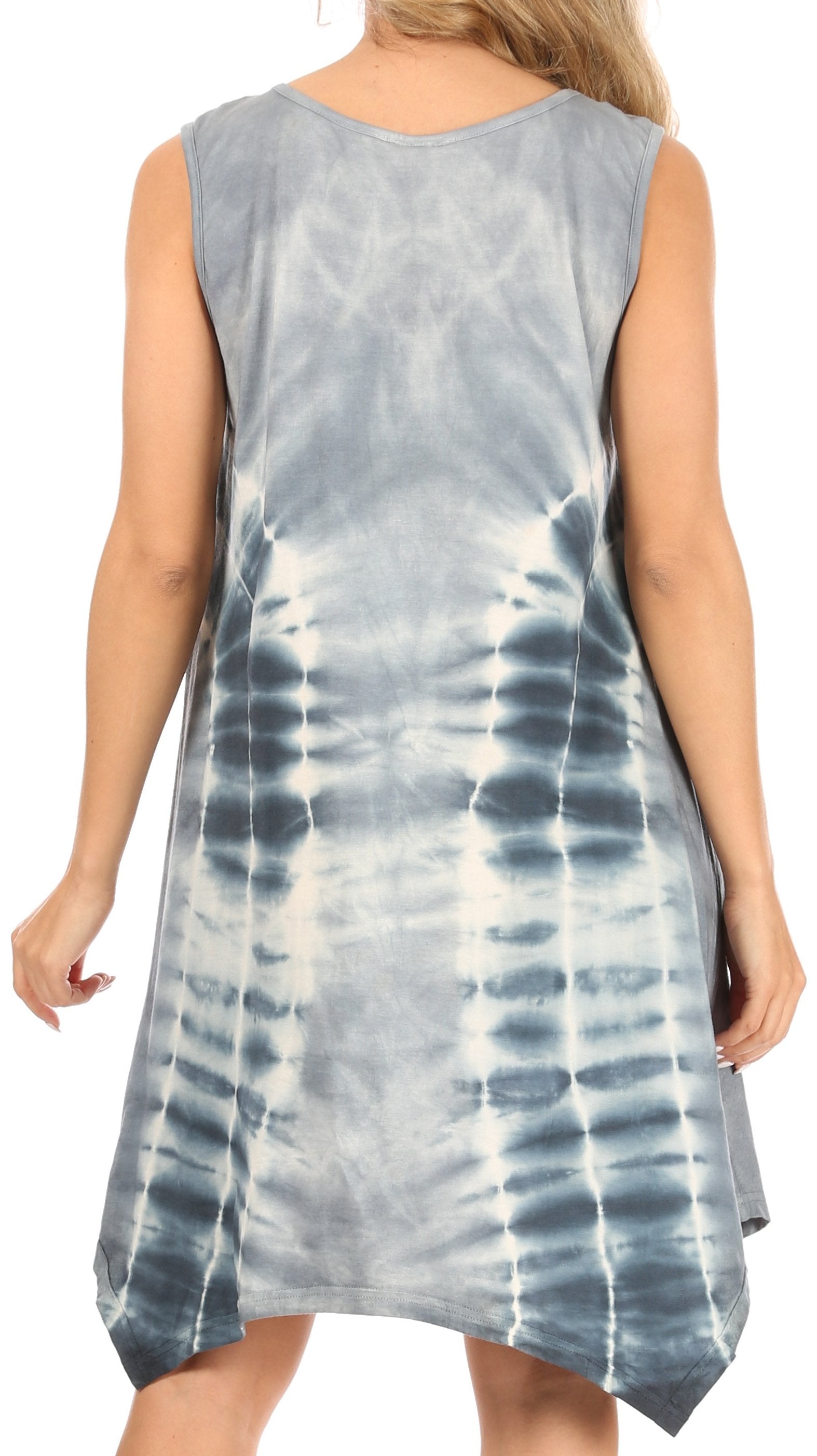 Woman wearing a tie-dye dress with a white background