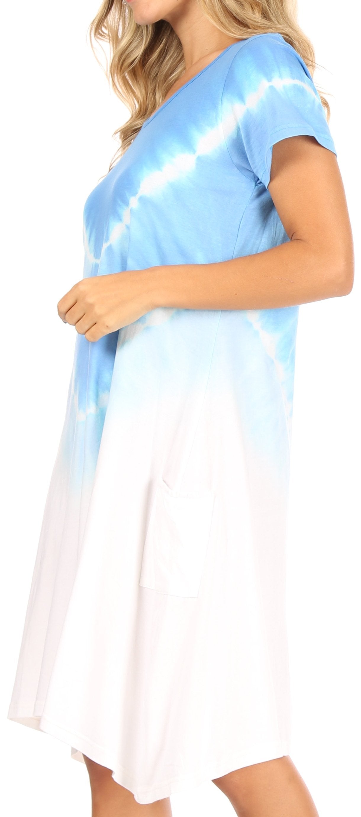 Woman wearing a blue and white tie-dye dress.