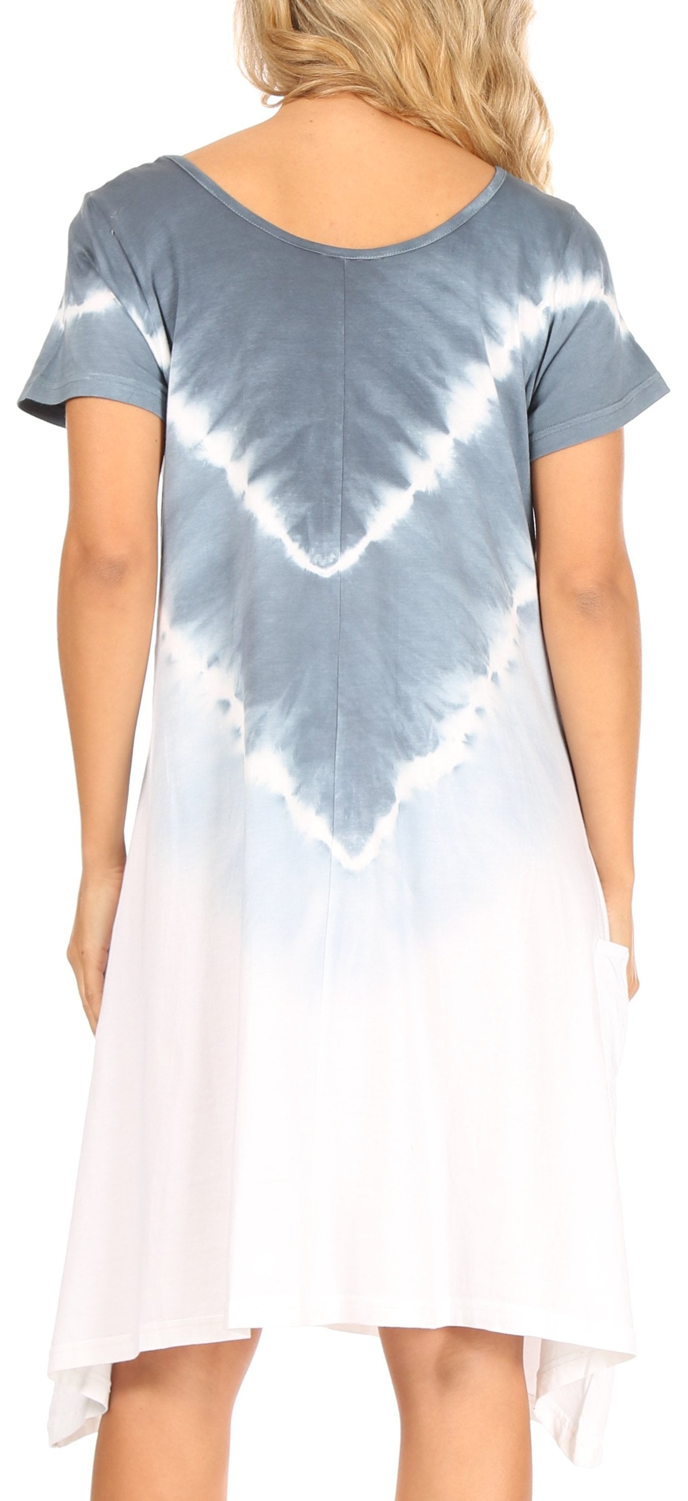 Tie-dye dress with blue and white pattern worn by a person