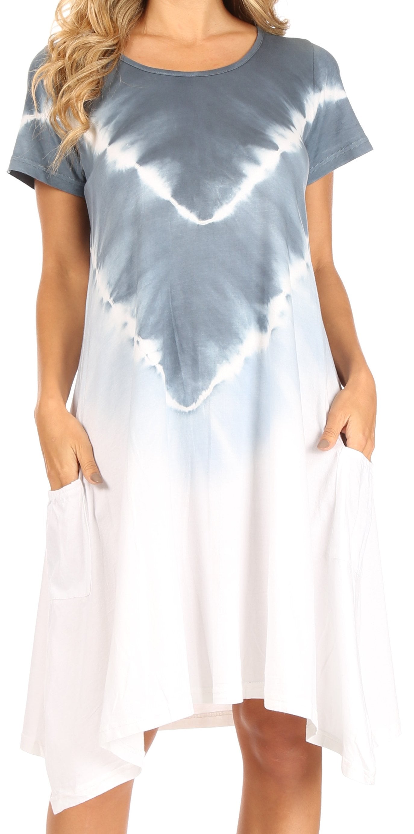 Woman wearing a tie-dye dress with blue and white gradient.