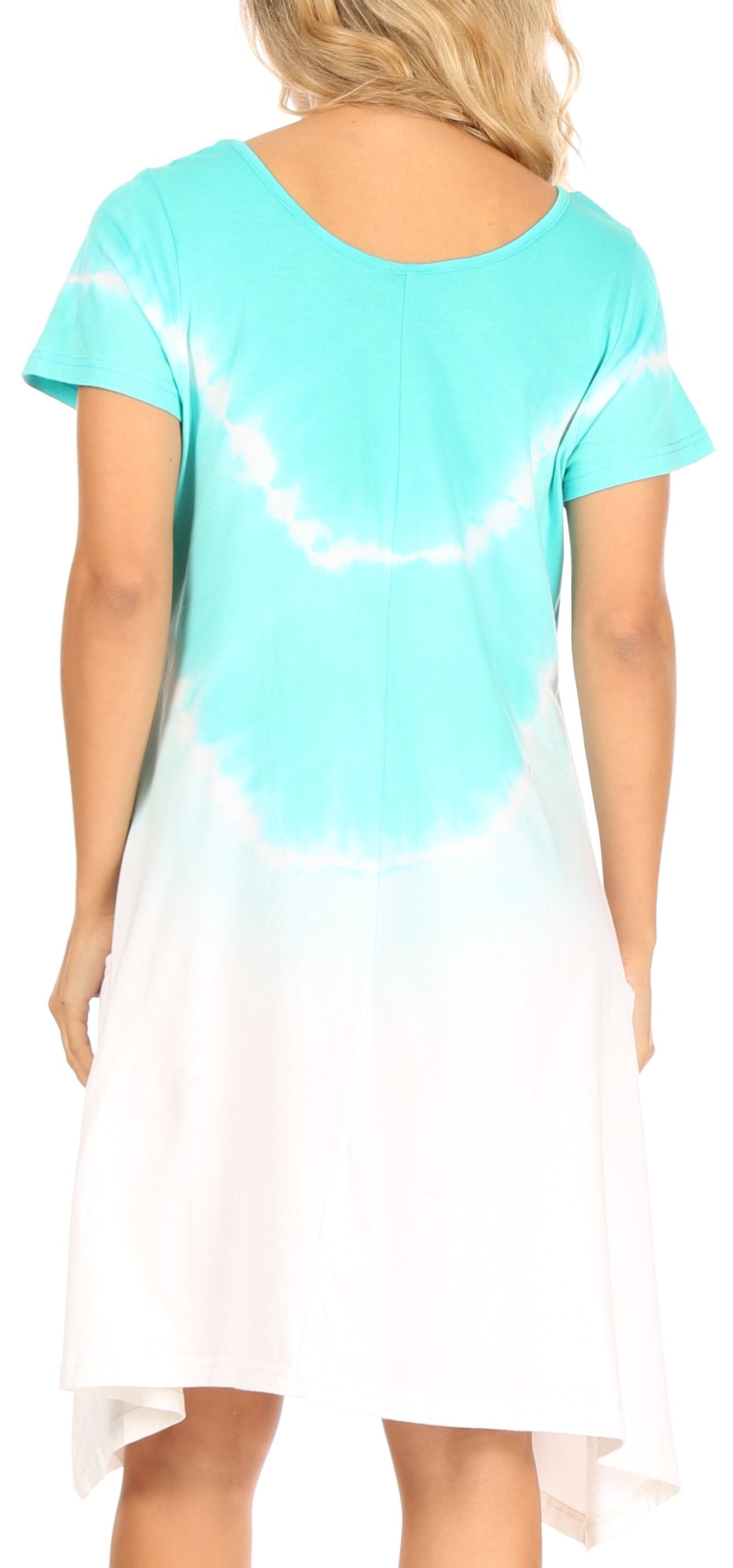 Woman wearing a tie-dye dress with blue and white gradient.