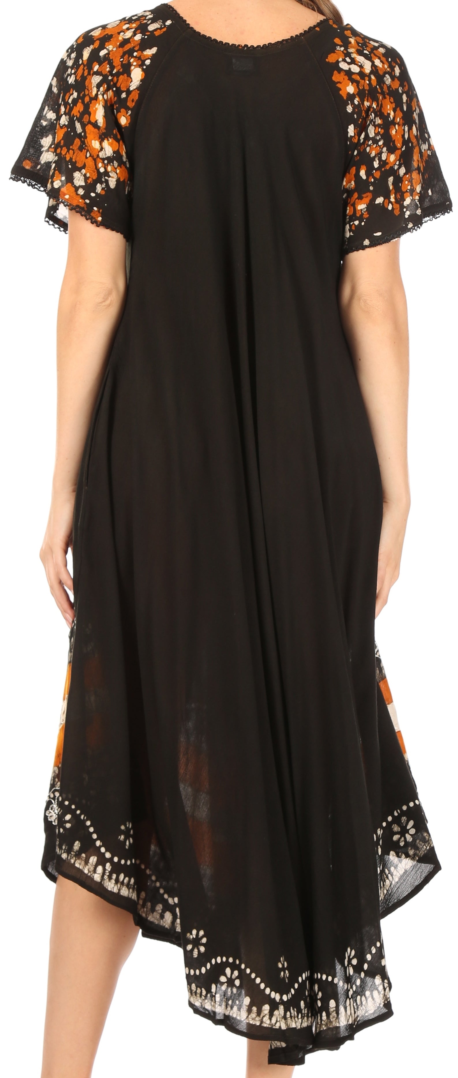 Black dress with floral sleeves and hemline on a plain background