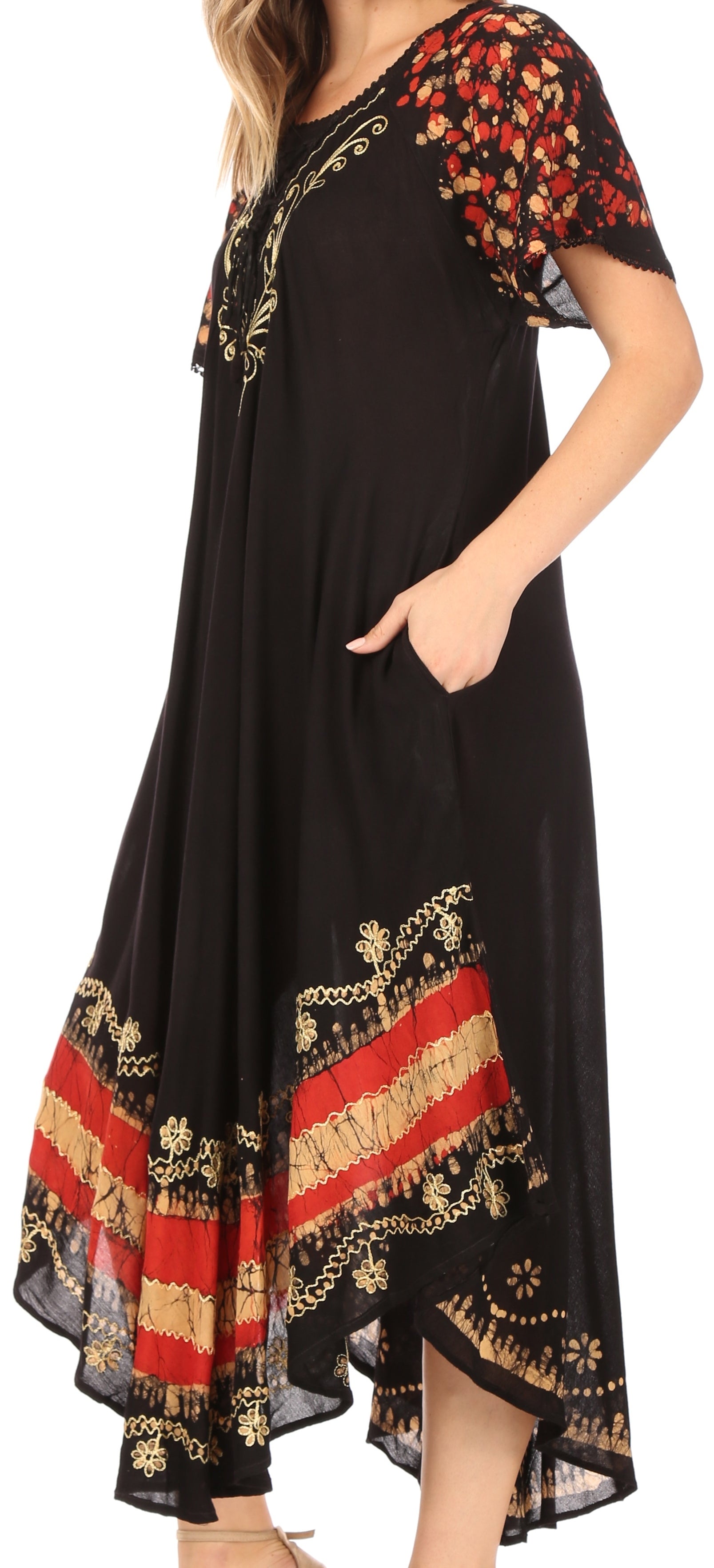 Black dress with colorful floral and geometric patterns on a white background