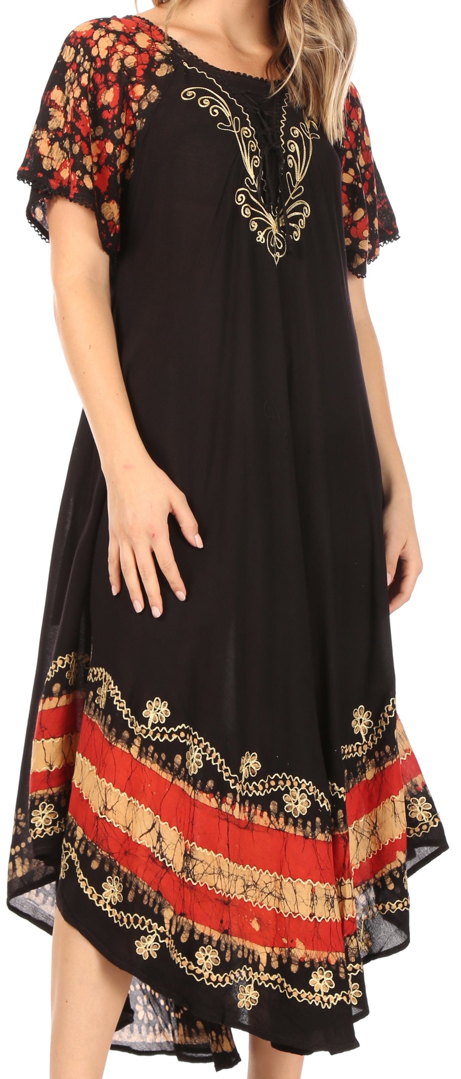 Black dress with colorful embroidery and patterns on a white background
