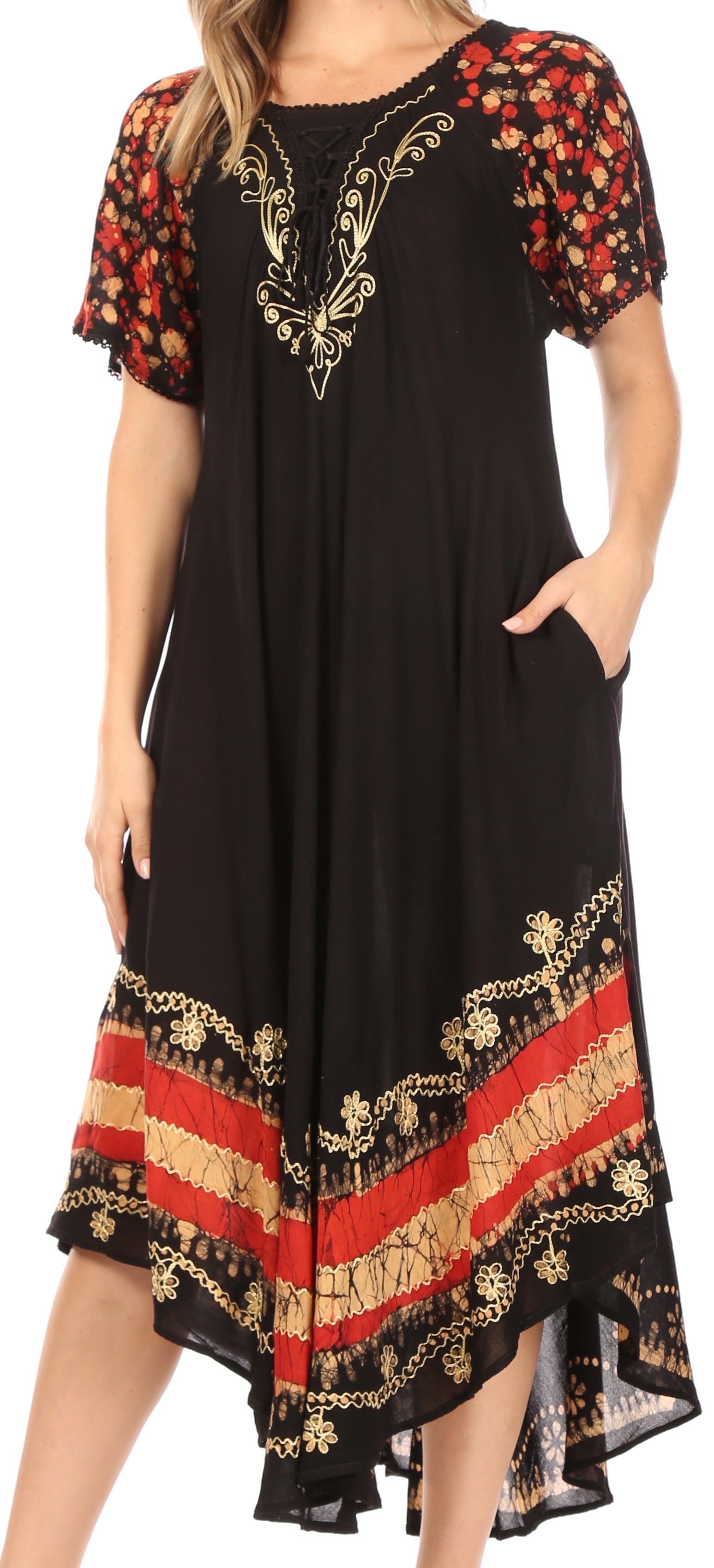 Black dress with colorful floral and geometric patterns on a white background