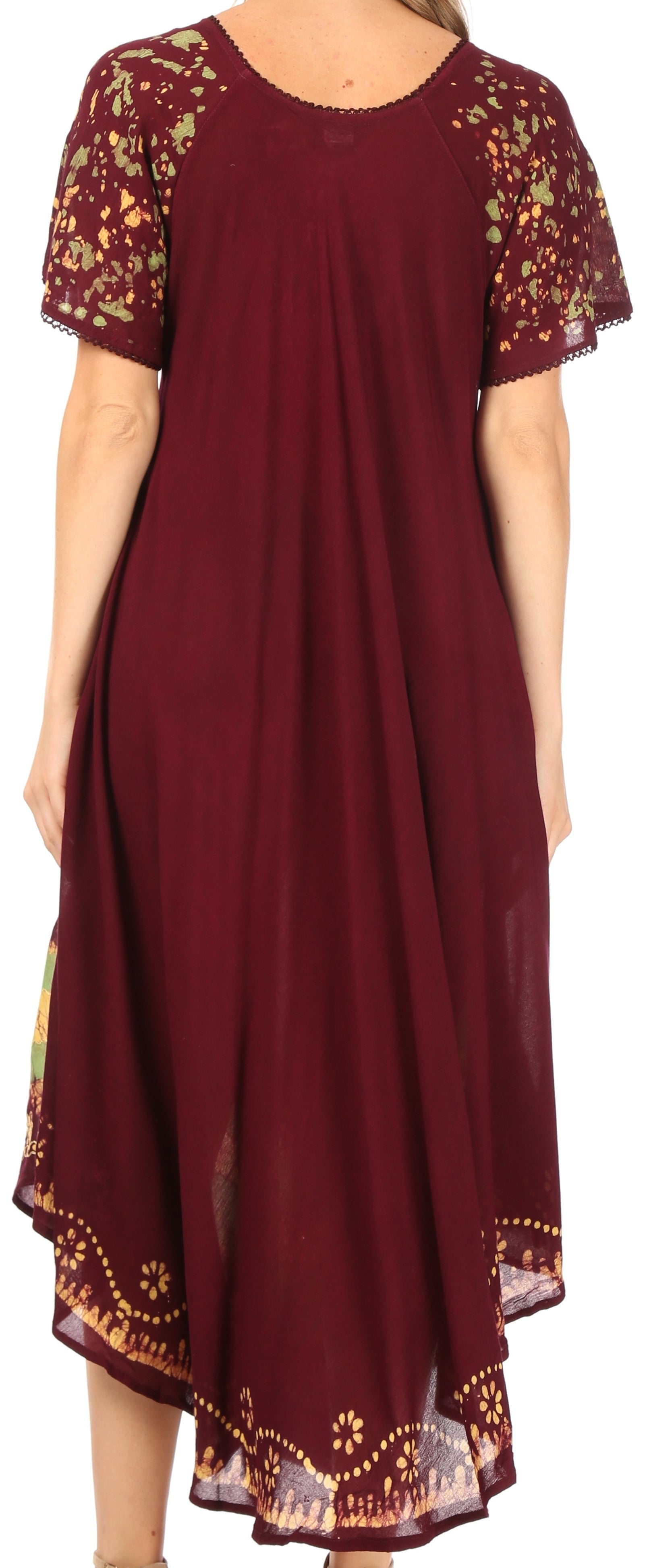 Maroon dress with floral lace sleeves and hem