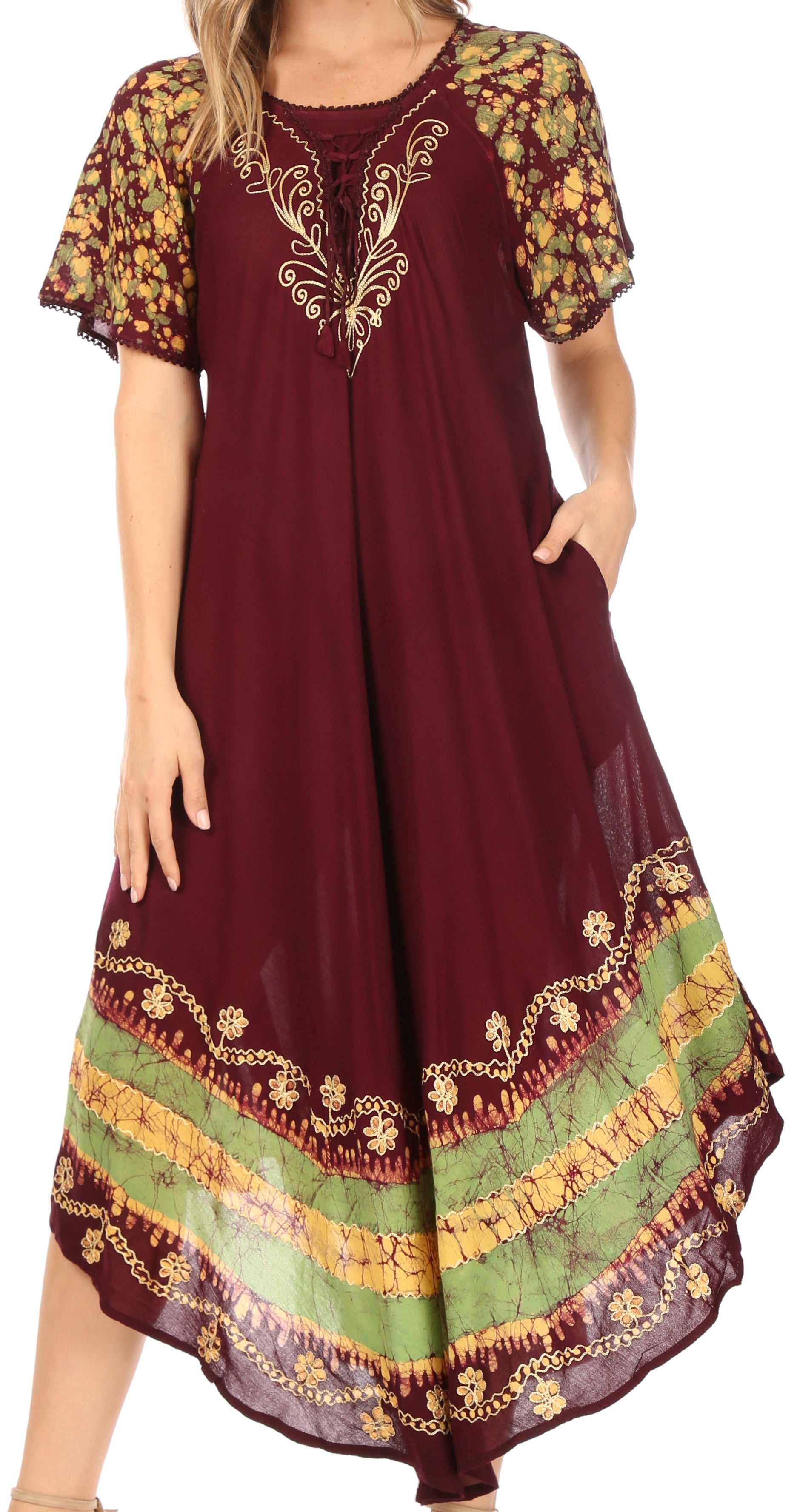 Maroon dress with floral patterns on a white background