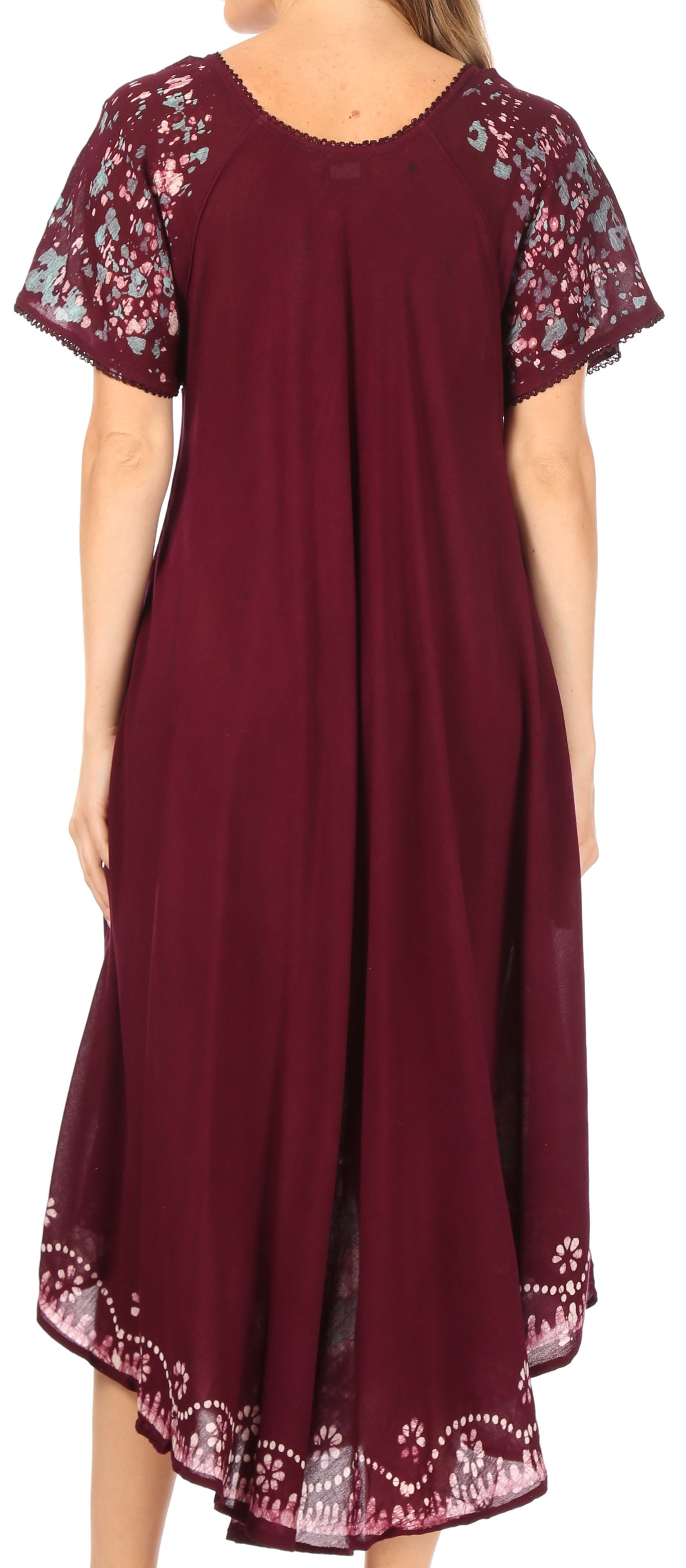 Burgundy dress with floral lace sleeves and hem
