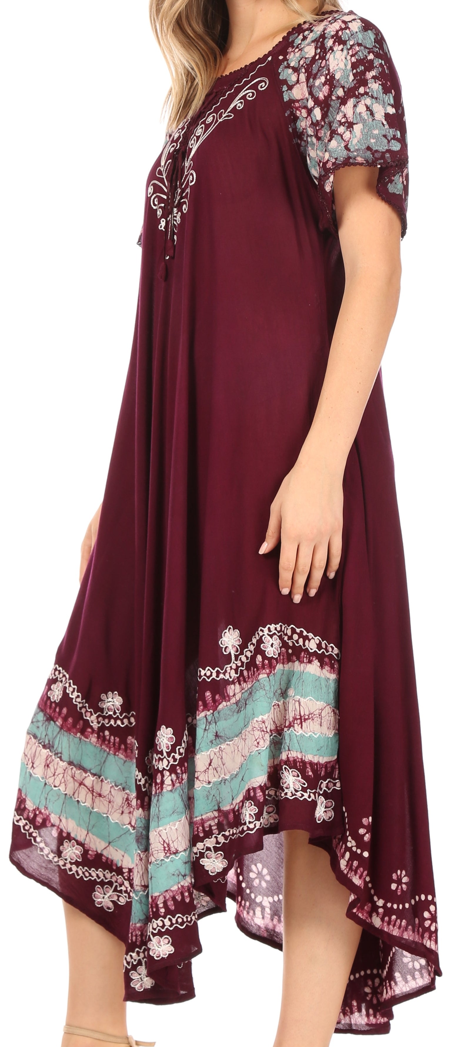 Maroon dress with floral and stripe patterns on a white background